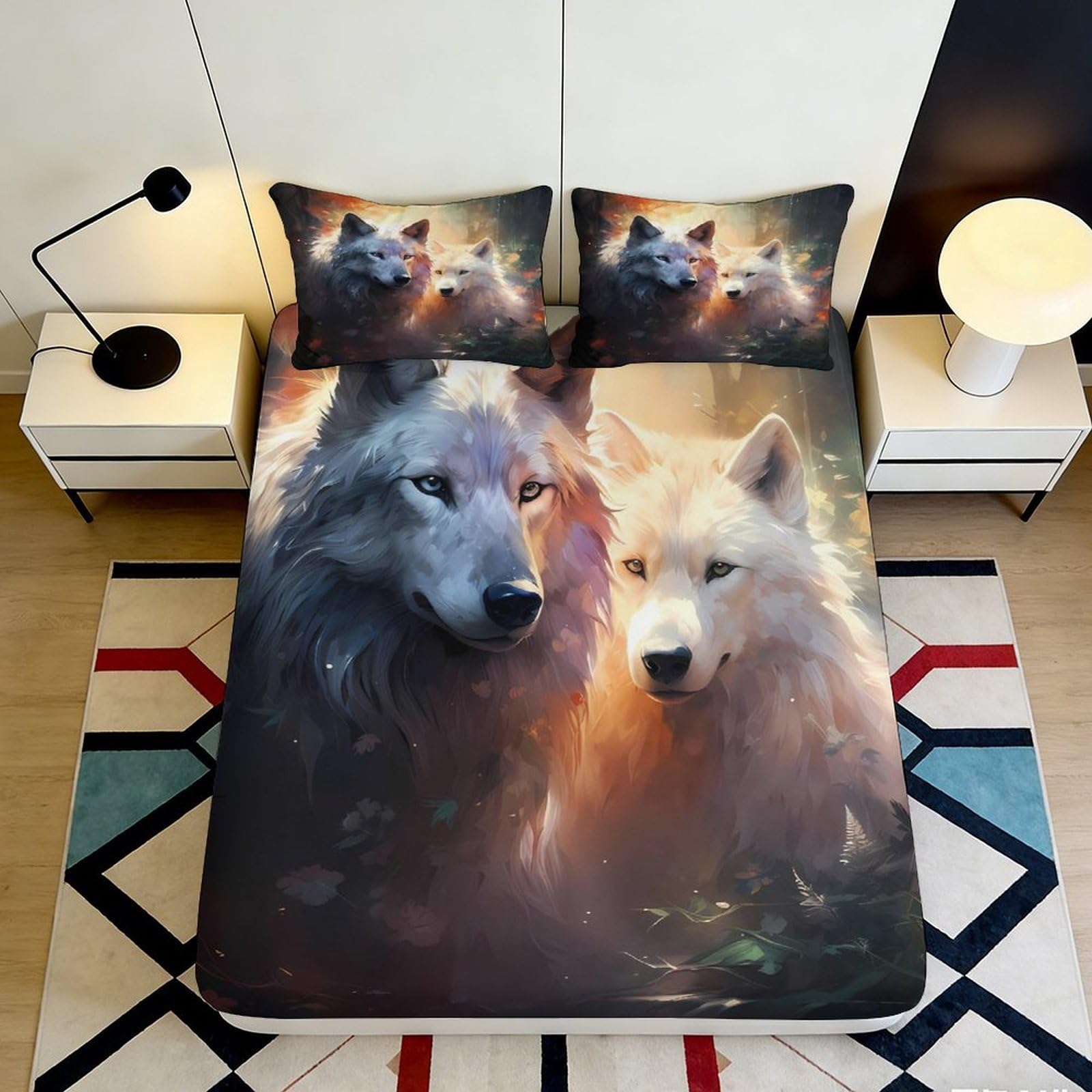 3D Printed Wolf Forest Fitted Sheet Microfiber Soft Anti-Slip Dreamy Wolves Mattress Cover Bedroom Decor 120x200cm 200x200x25cm