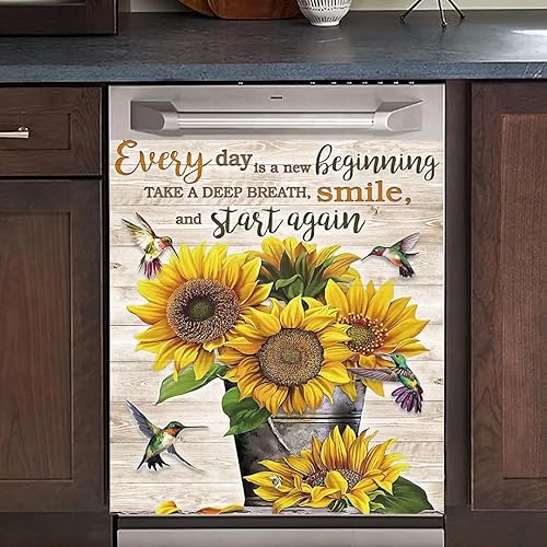 MLGB Calcomanía magnética de vinilo para puerta de lavavajillas, diseño de girasol, diseño de girasol, Every Day is a New Begining para
