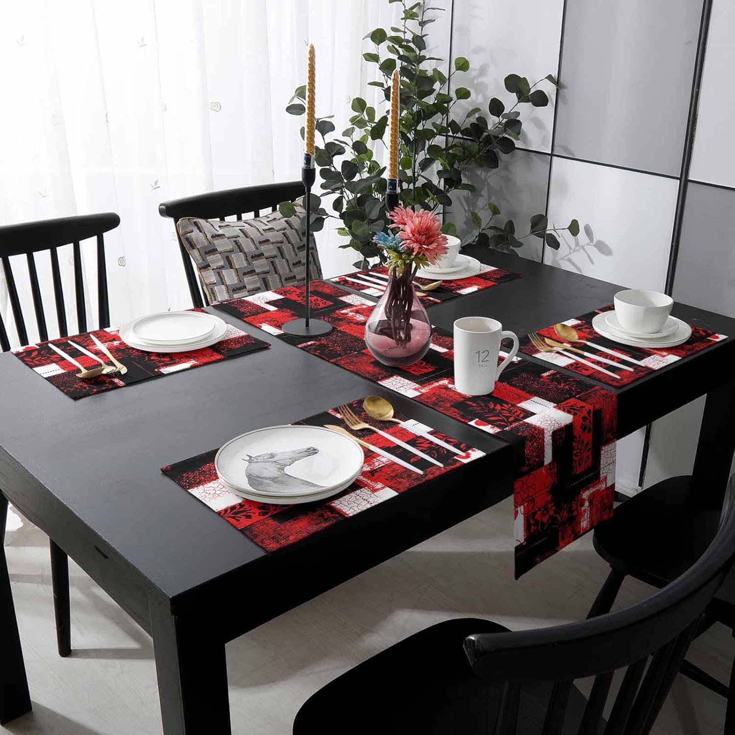 Red Black Table Runner and Placemats for Dining Table, Burlap Coffee Table Runner 72 Inch Long Modern Abstract Art Botanical Washable Table Mats for Kitchen Party Farmhouse Placemats Set of 6