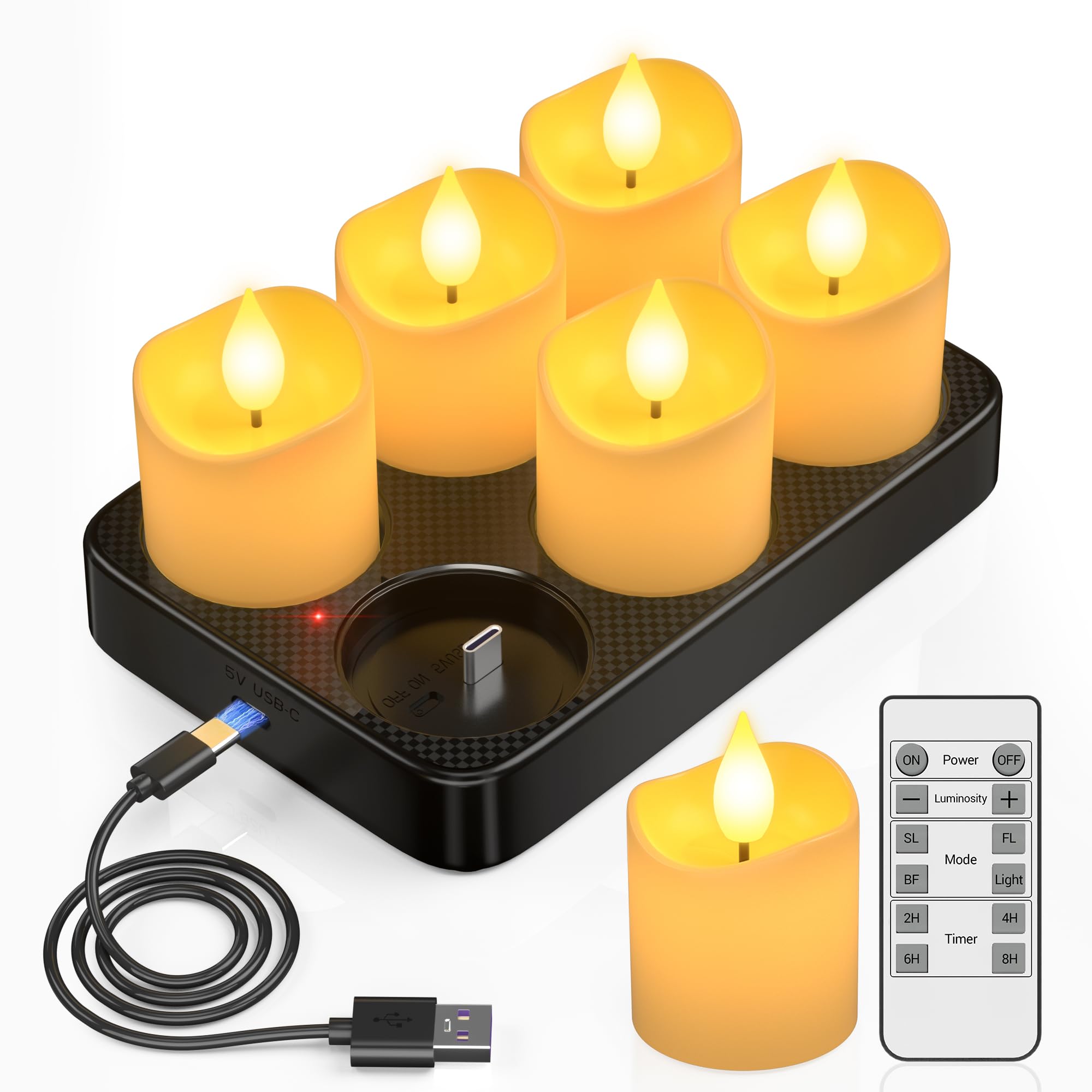 PChero Rechargeable Tea Lights with Charging Station, 6 Pack Battery Flickering Flameless LED Tealights with Remote & Timer, Electric Candles for Home Wedding Christmas Halloween Table Decorations
