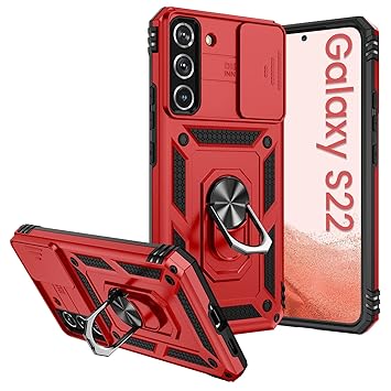Goton for Samsung Galaxy S22 Case with Slide Camera Cover,Magnetic Ring Kickstand Military Grade Heavy Duty Protective for Car Mount Holder (Red)
