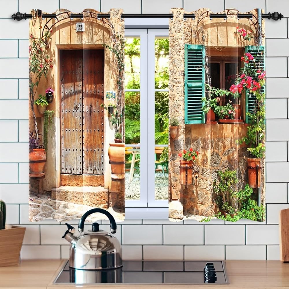 Italy Landscape Window Curtains Old Street Tuscany Street Scene Blackout Curtains Spring Red Floral Flowers Green Plants Drapes for Living Room Bedroom Kitchen Decor,21x45 inch,2 Panels