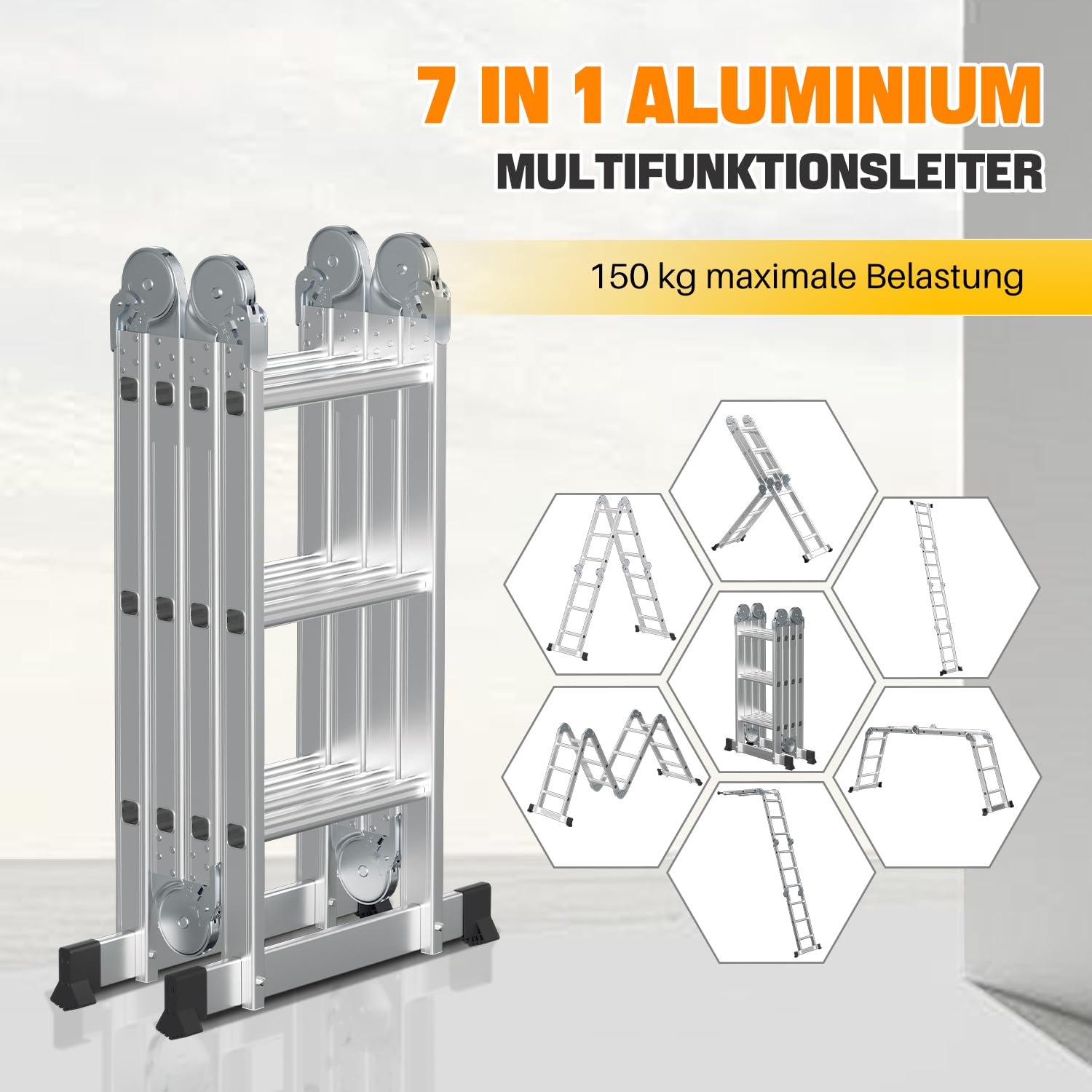 Scala multiuso pieghevole 3,6 m 4 x 3 m in alluminio, 7 in 1, multifunzione, per uso professionale, con 2 piastre ponteggio e 2 ruote, portata fino a 150 kg