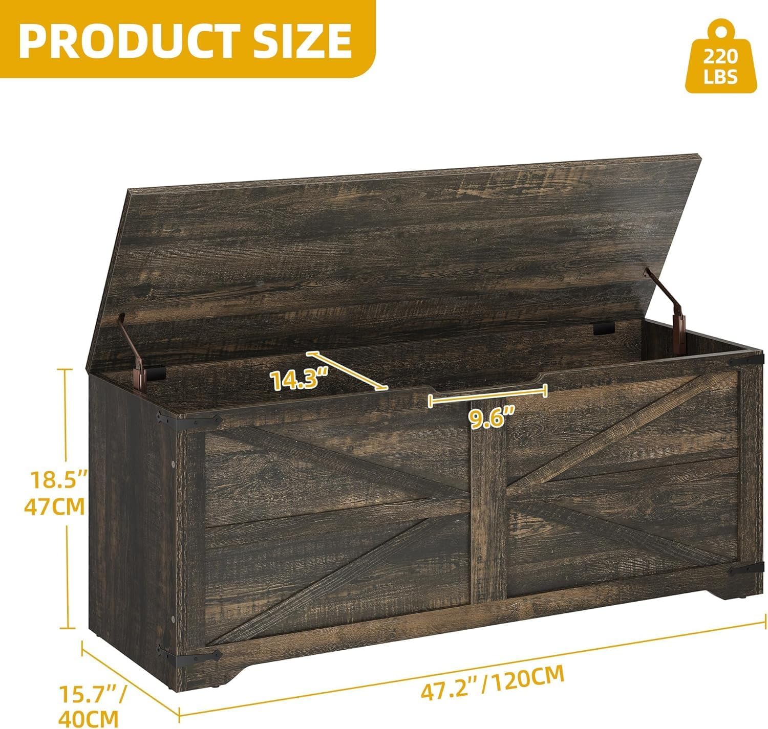 DWVO Wooden Storage Bench, Farmhouse Storage Chest with Safety Hinges, Entryway Shoe Organizer, Multi-Use Storage for Living Room/Bedroom, 47.2" L, Dark Rustic Oak