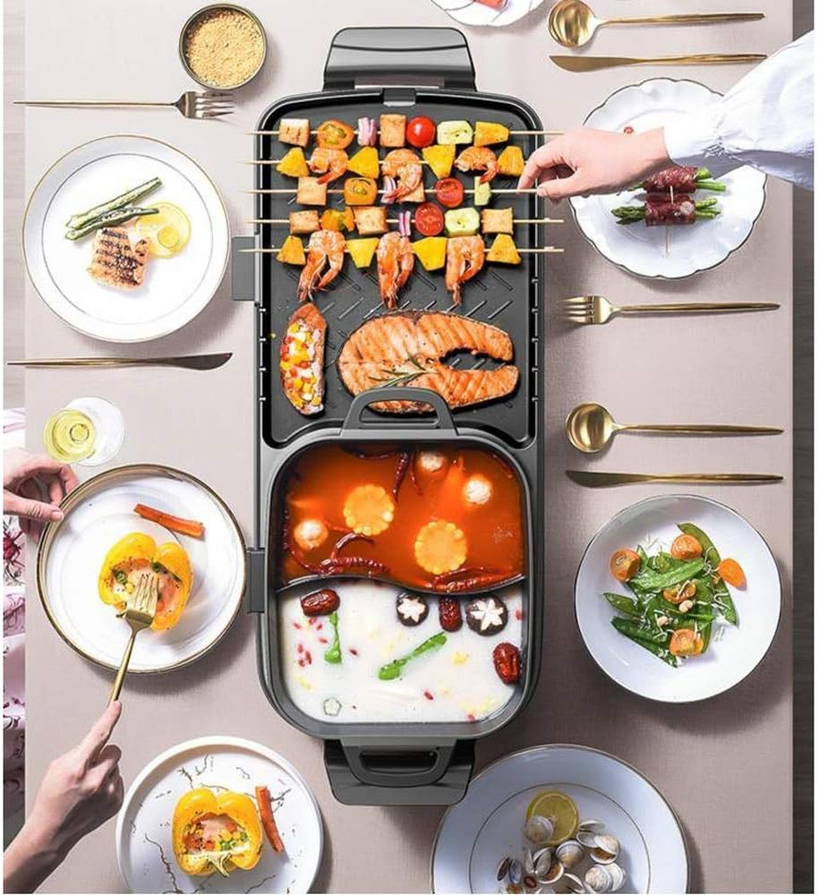 Electric Barbecue Grill Indoor Hot Pot Chafing Dish Large Capacity Household Multifunctional Non-Stick Pan Electric Cooker(D)