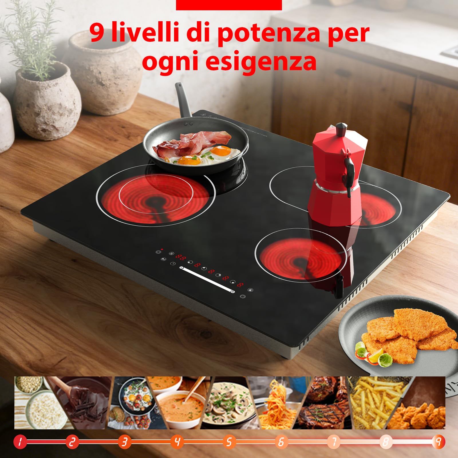 Piano Cottura in Vetroceramica 4 Zone 60 cm, 6700W, Controllo Slider Touch, Doppia Zona e Zona Pesce