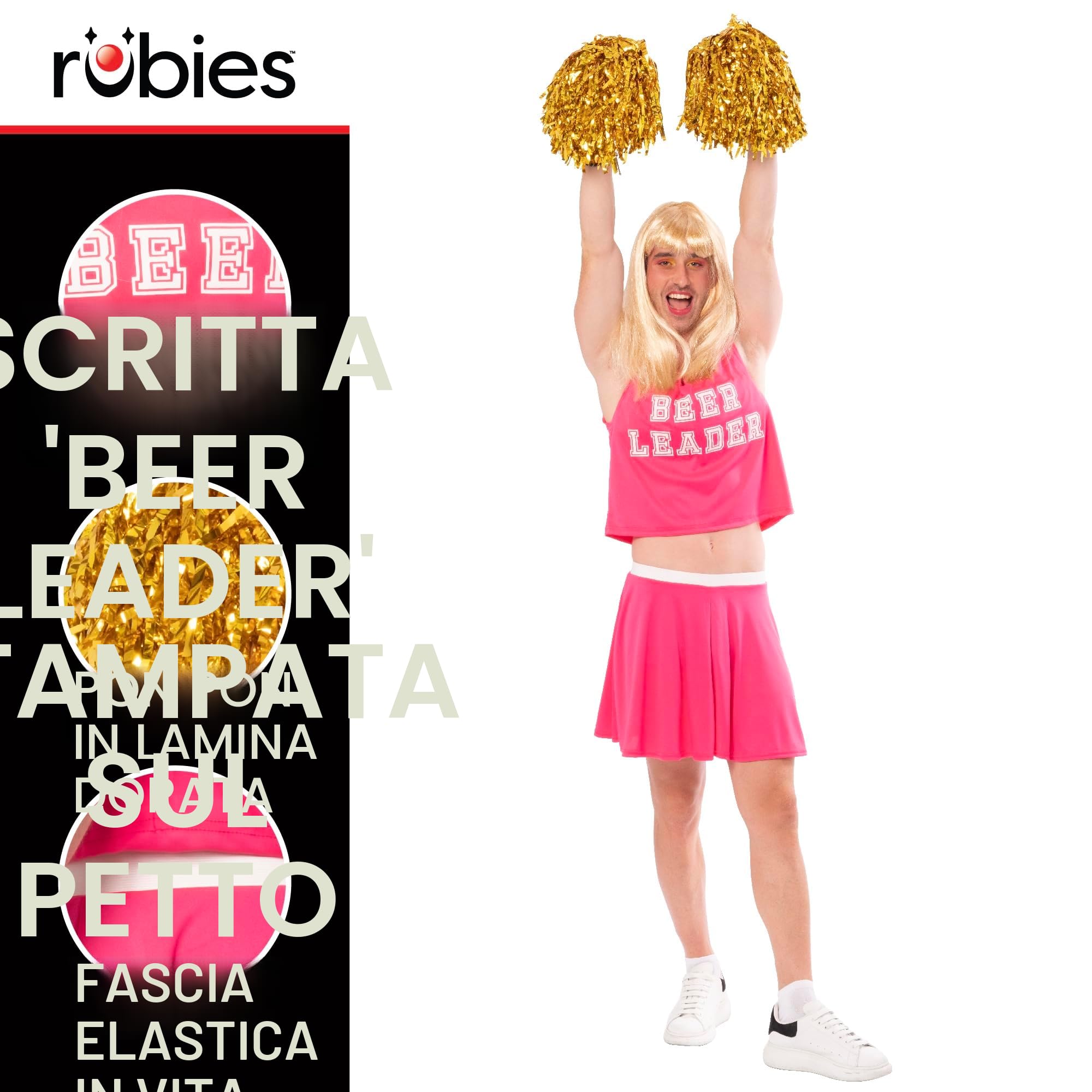 Rubies Costume Beerleader Man per Adulto, Top con Seno, Gonna e Pompon, Ufficiale Rubies per Addio al celibato, Carnevale, Feste e Compleanno