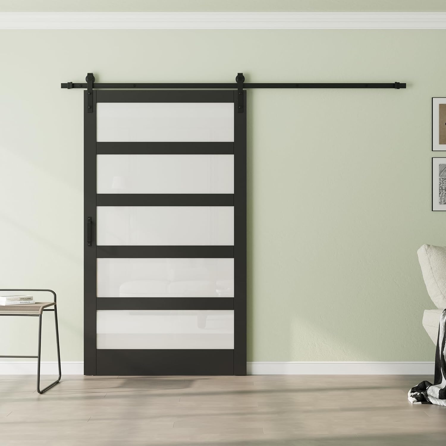 48in x 84in Glass Sliding Barn Door with 8FT Barn Doors and Hardware Included, 5-Panel Frosted Glass, Water-Resistant PVC Coating, Pre-Drilled Easy Assembly, Black, Fit Opening 45''-47'' x 82''