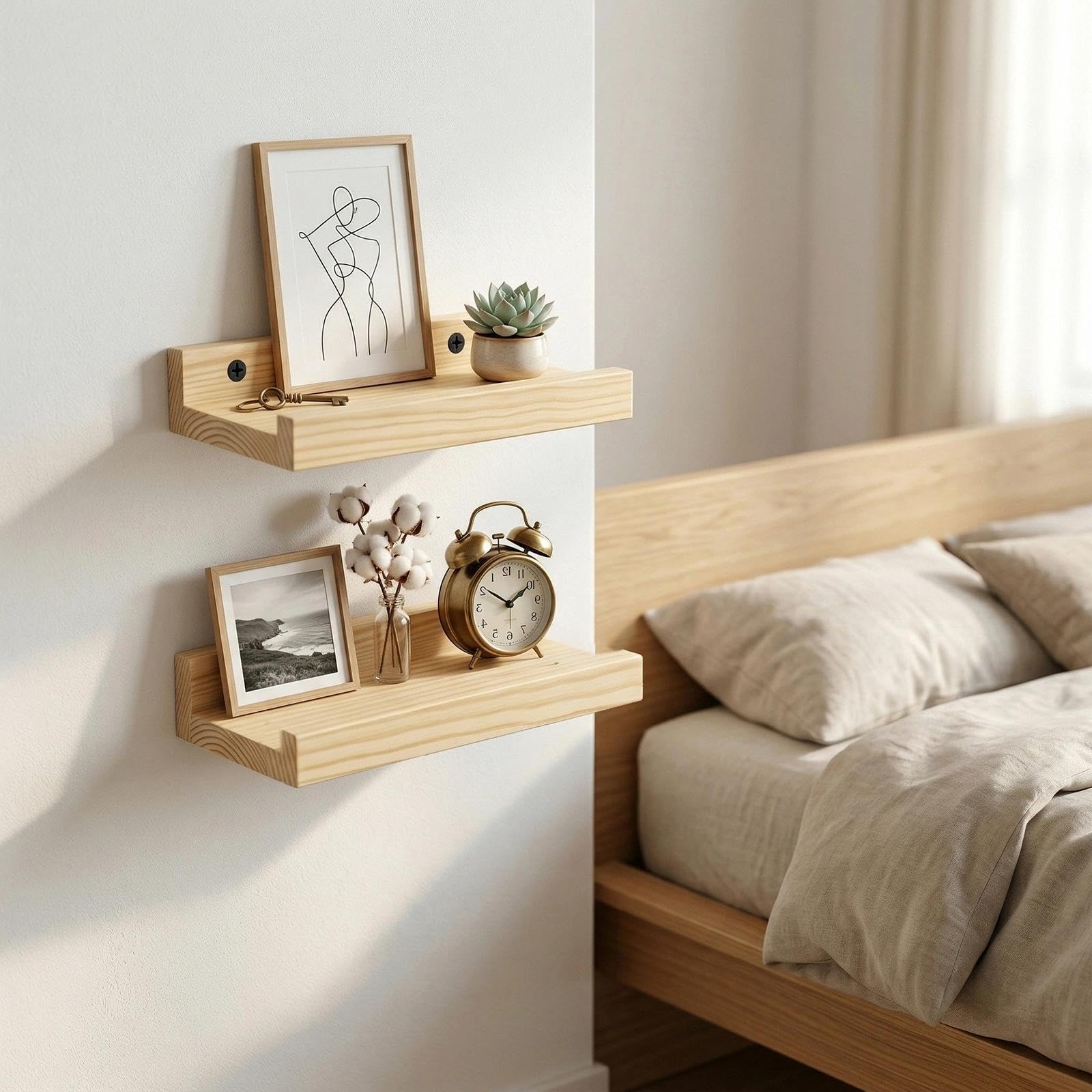 Pequeños estantes de decoración, mini estante flotante de madera natural para altavoces inteligentes WiFi coleccionables, madera, montado en la pared, 8 x 5 pulgadas, paquete de 2