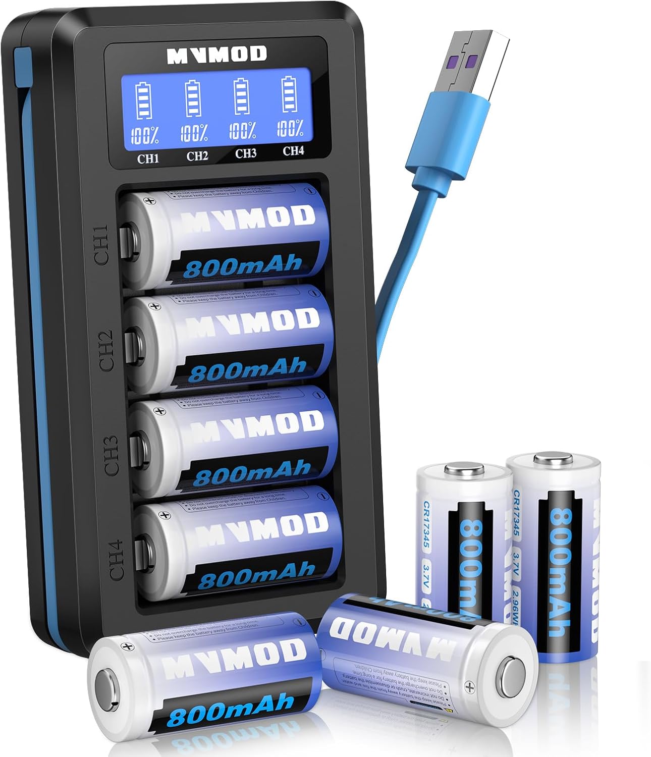 CR123A Lithium Batteries 8 Packs, 3.7V 800mAh 123A Rechargeable Batteries with 4-Slots Charger, CR17345 Battery for Arlo Camera VMC3030 VMK3200 VMS3330 3430 3530 Flashlights Microphone