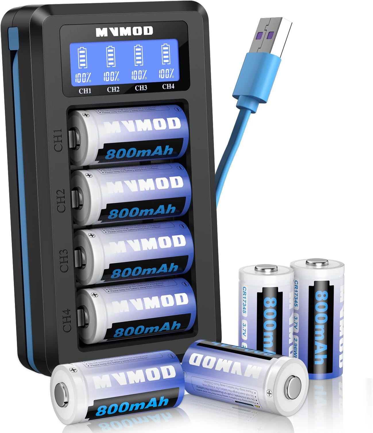 CR123A Lithium Batteries 8 Packs, 3.7V 800mAh 123A Rechargeable Batteries with 4-Slots Charger, CR17345 Battery for Arlo Camera VMC3030 VMK3200 VMS3330 3430 3530 Flashlights Microphone