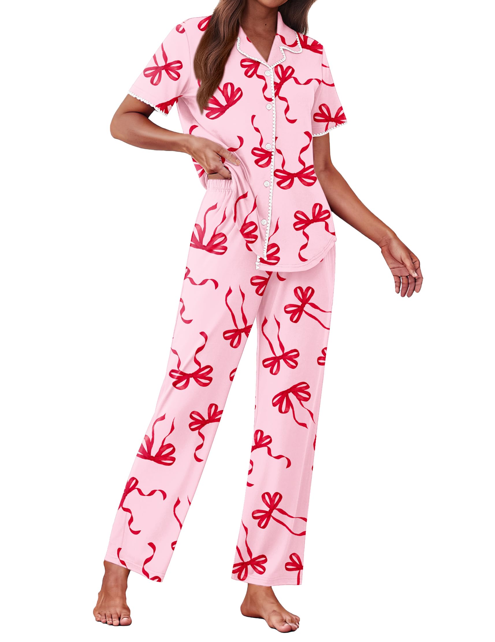 Photo 1 of ** does have a small blue stain **
Ekouaer Women's Pajama Sets Button Down Loungewear Short Sleeve Sleepwear 2 Piece Pants Pjs Set with Pockets Pink Bow L