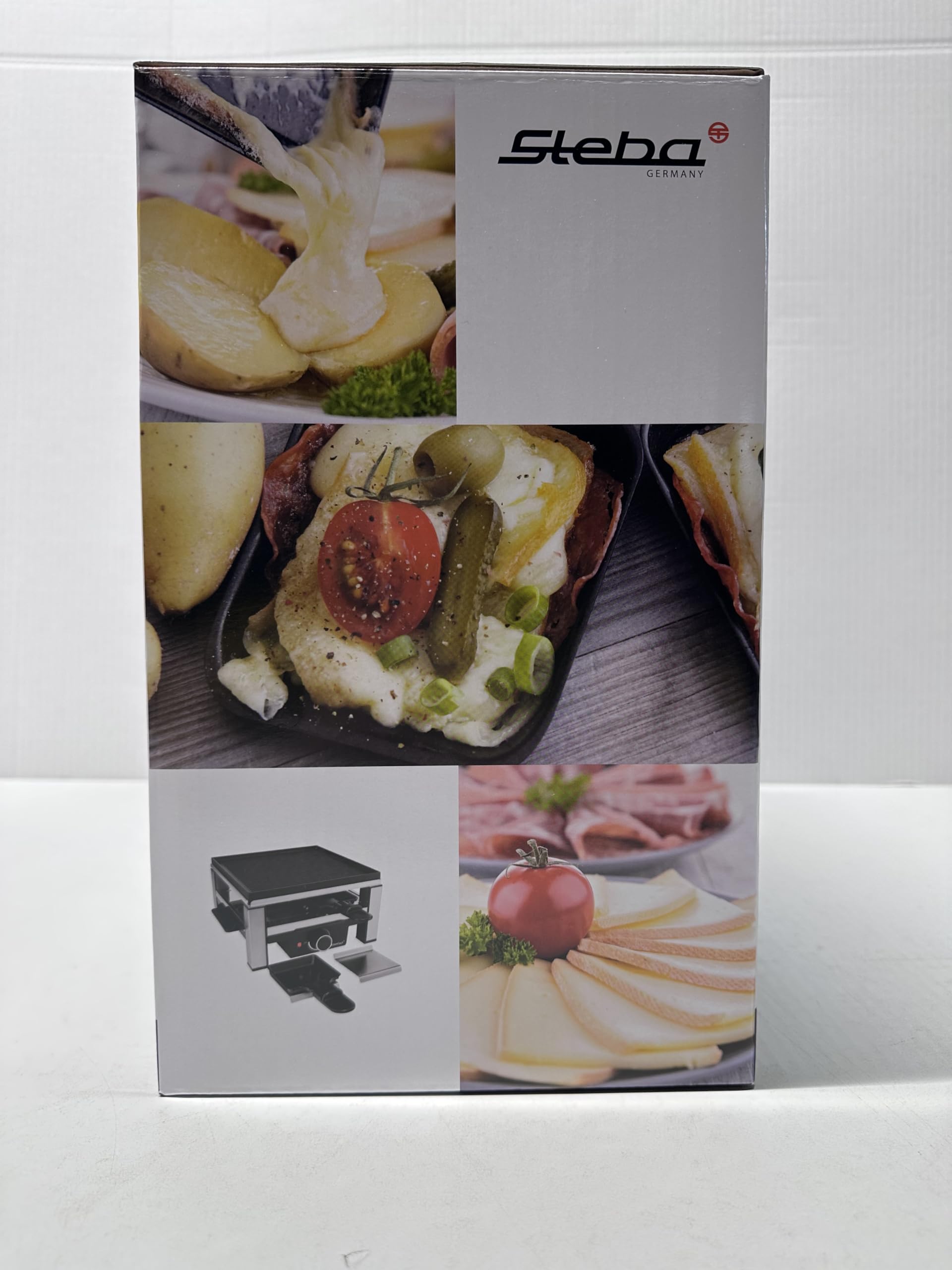 Raclette de hierro fundido Steba con una superficie para asar de 25 x 25 cm, 4 sartenes con revestimiento antiadherente para una limpieza fácil. RC 104.