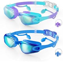 Aegend Kids Swim Goggles 2-Pack, Anti-Fog/UV Swimming Glasses for Boys Girls Ages 3-15, Pool Goggles with Earplugs Nose Clip