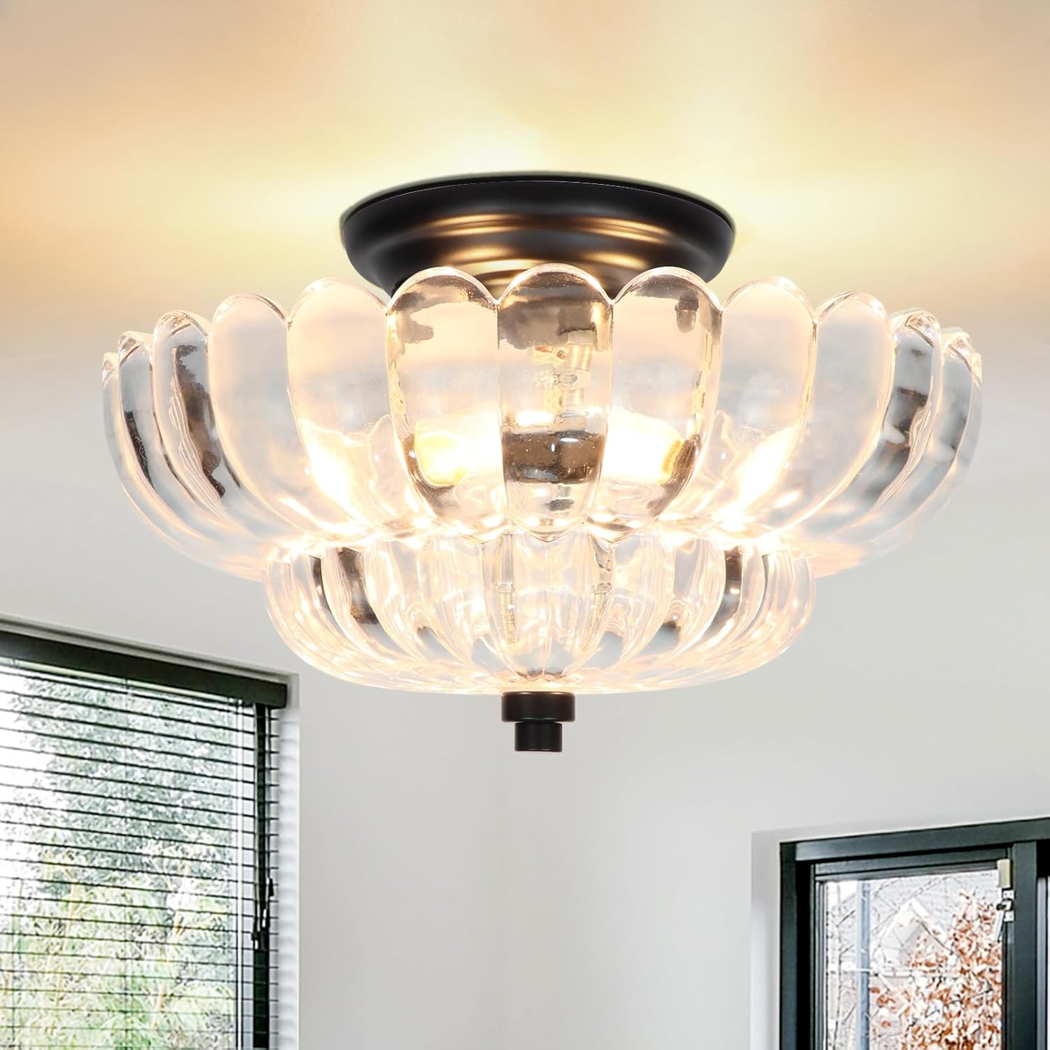 11.8-Inch Black Semi Flush Mount Ceiling Light, Modern 3-Light Clear Glass Chandelier Light Fixture for Bedroom Kitchen Bathroom Hallway Close to Ceiling Light