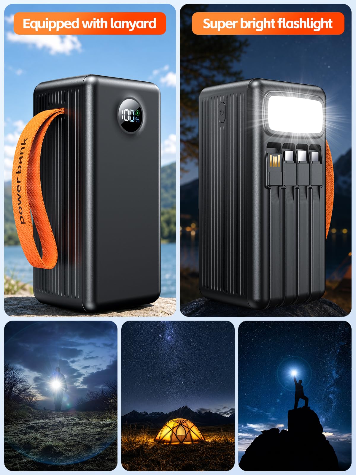Batterie Externe 70000mAh, Charge Rapide PD 30W Power Bank avec 4 Câbles Intégrés, 8 Sorties & 4 Entrées, Écran LED Numérique & Lampe de Camping, Chargeur Portable USB C pour Smartphones