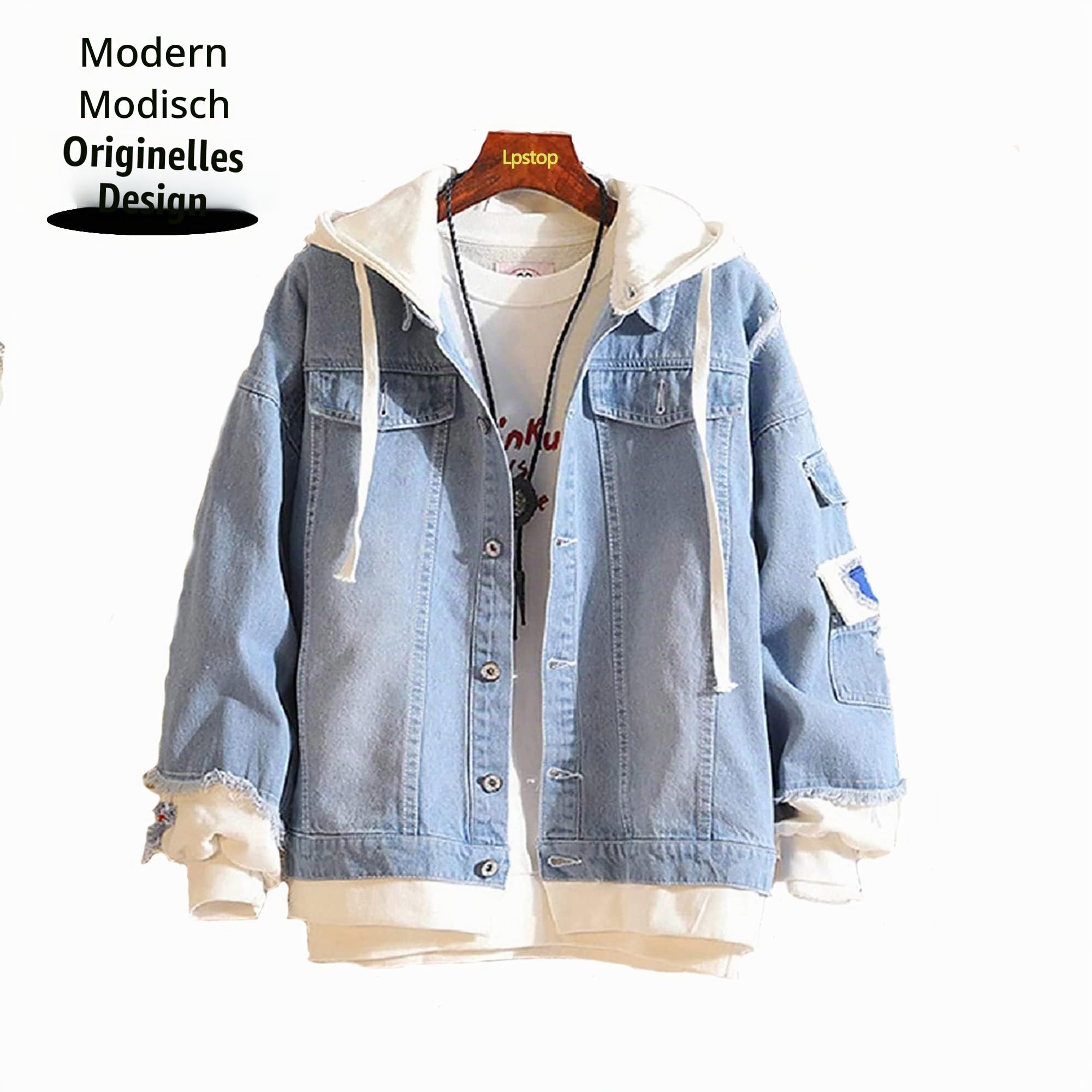 Lpstop Neuheit Rotes Herz Jeansjacke Liebesherz mit Smile Teeth Print Hoodie Y2K Jacke für Damen Herren