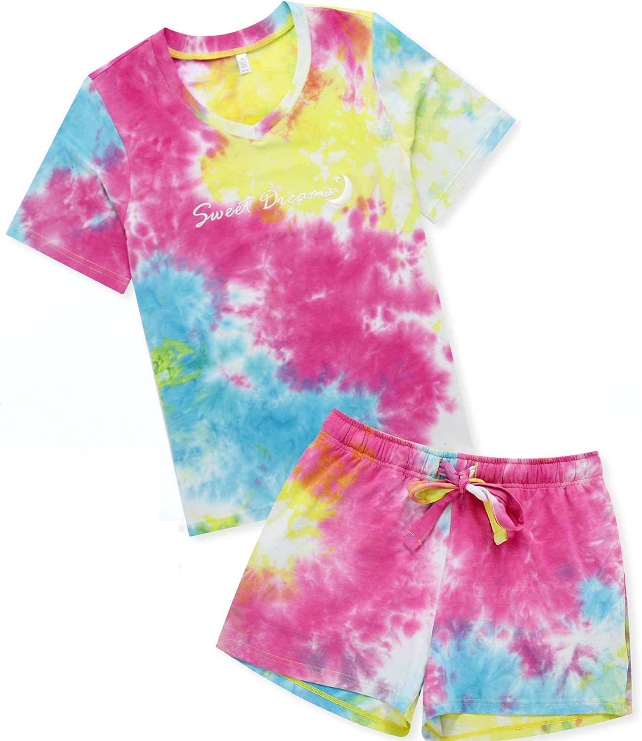 HEARTNICE Tie Dye Pajama Set for Women, Cotton Short Pajamas Soft lounge PJS with Embroidery Sleepwear(Multi-B, M)