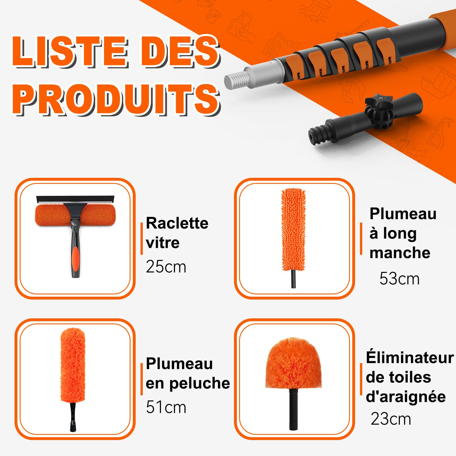 SISUPASSIE 7,2m Plumeau Poussiere Telescopique avec Perche Télescopique, Plumeau Microfibre, 2-en-1 Raclette Vitre Professionnel, Utilisation intérieure et extérieure
