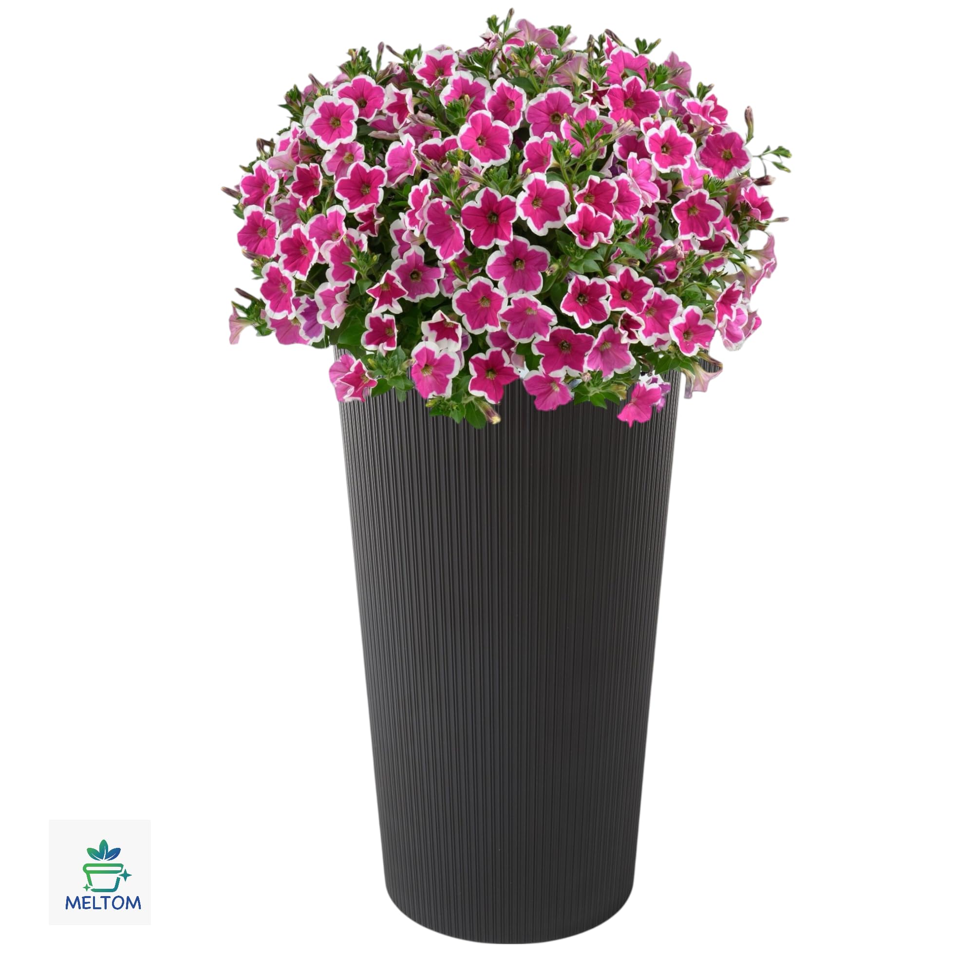 MELTOM Okrągła donica na kwiaty, smukłe, pionowe paski, doniczka 3D, z wyjmowanym wkładem, 3 kolory, 3 rozmiary (czarna, XXL-40 cm)