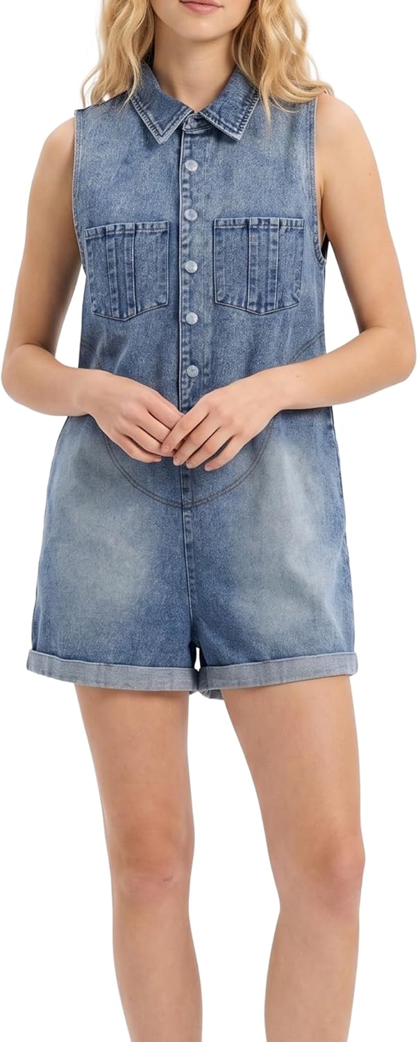 Women's Washed Denim Casual Romper Sleeveless Button Down Jean with Pockets