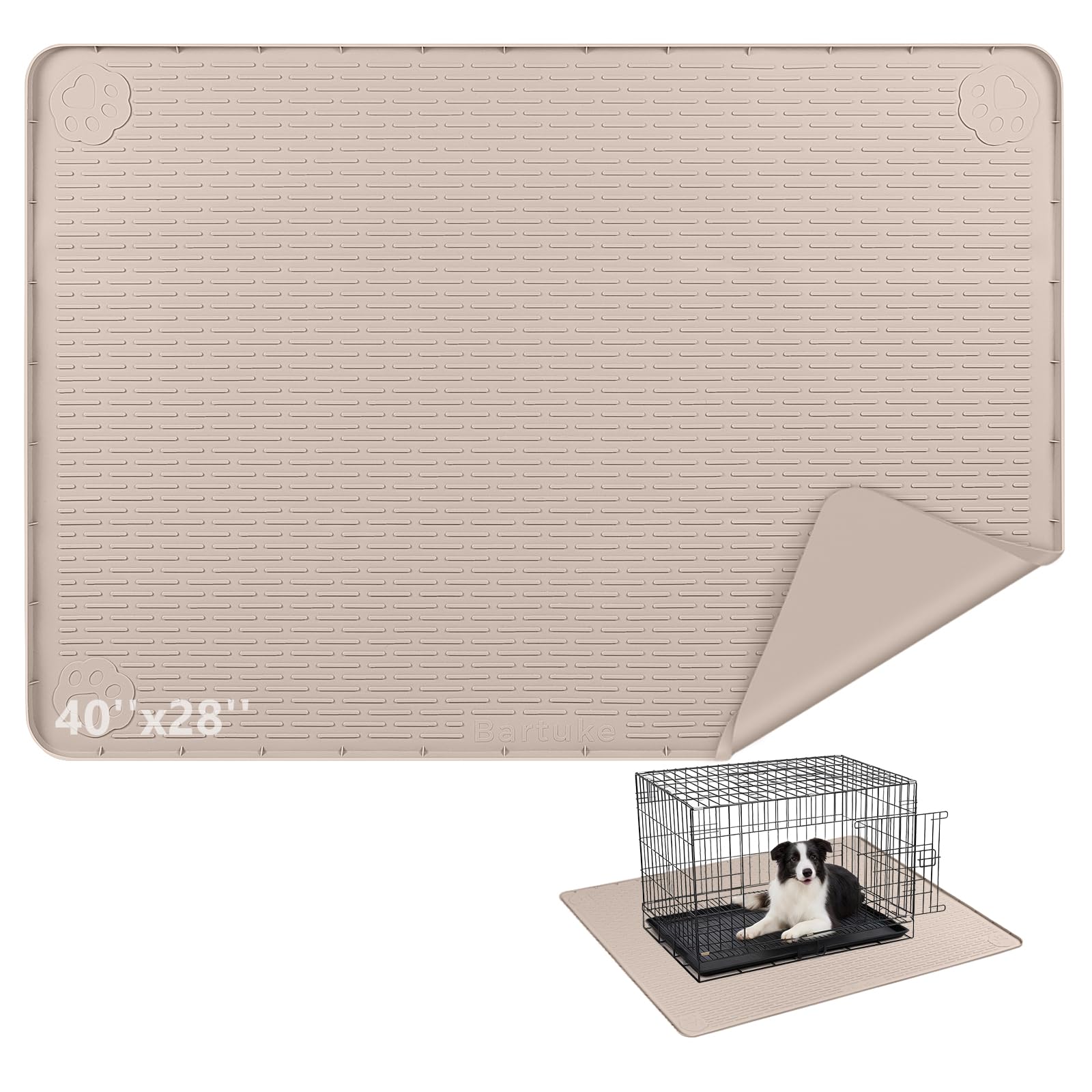Bartuke Silicone Dog Crate Mat, Under Dog Crate Kennel Pad with Raised Edge, Washable Dogs Bed Mat, Waterproof, Leakproof, Protect Floors (Khaki, 40''x28'')