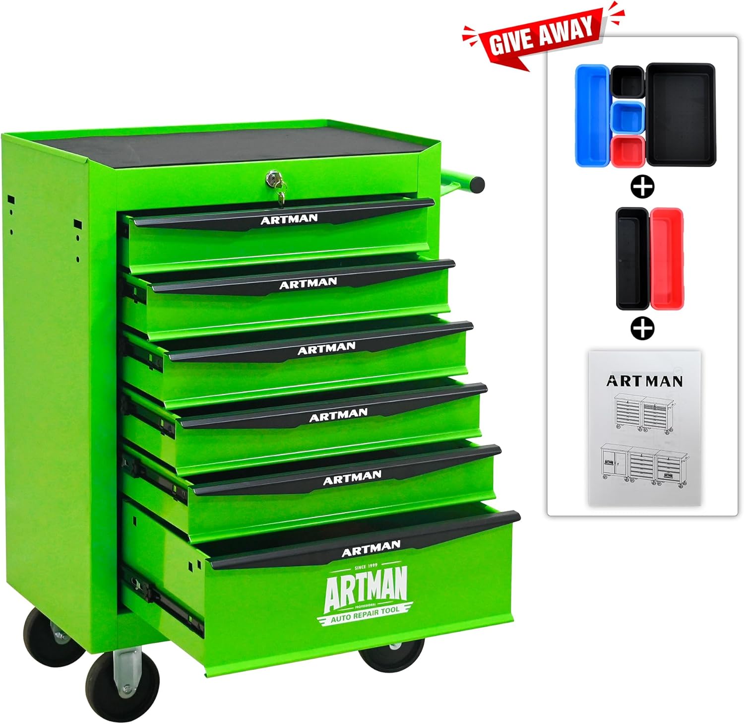 Rolling Tool Box 6 Drawers, Mechanics Tool Chest with Wheels, Tool Box Organizer with 7 Tool Storage Boxes, Lockable Tool Storage Cabinet for Home Garage Workshop Warehouse Repair Shop, Green