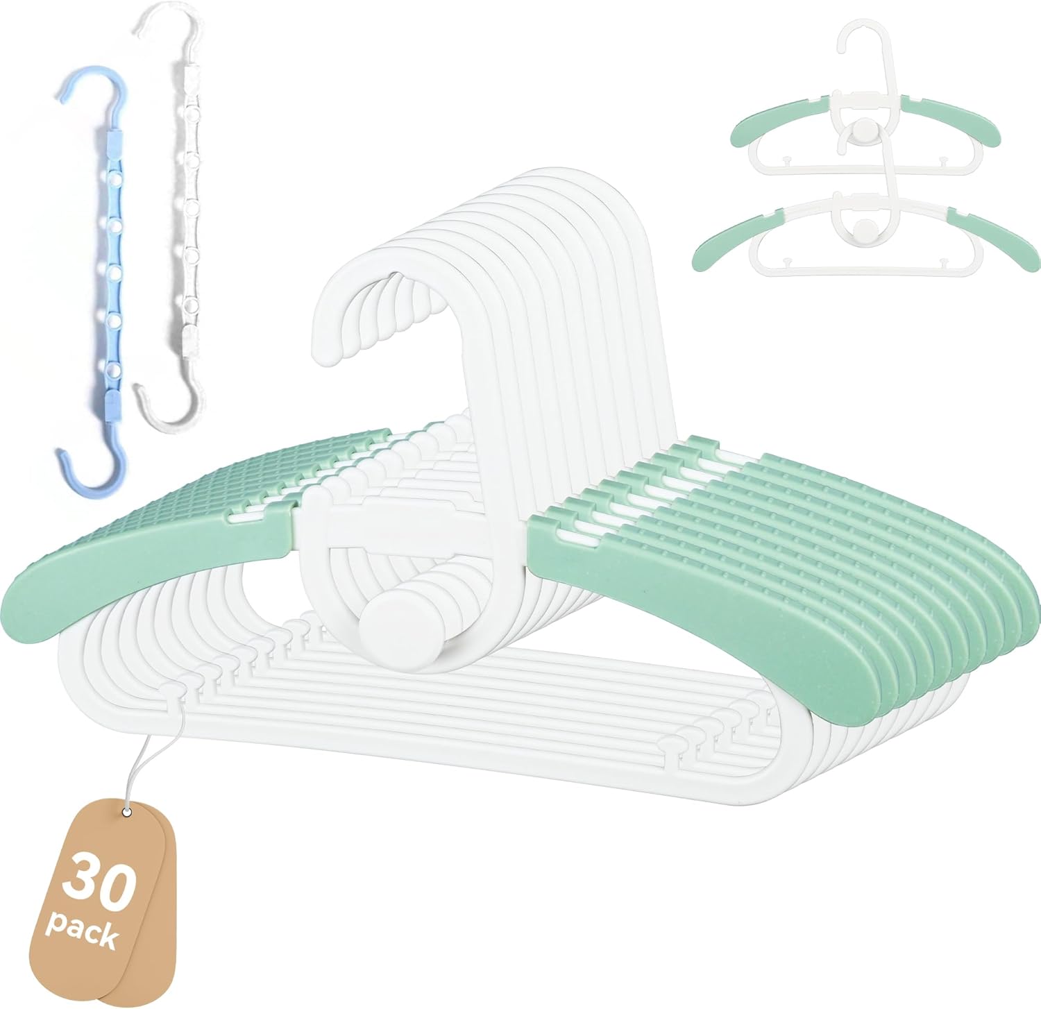 30 Pack Baby Kids Clothes Hangers Adjustable Stackable for Infant to Children - Thick Plastic, Non-Slip, Space Saving, Green