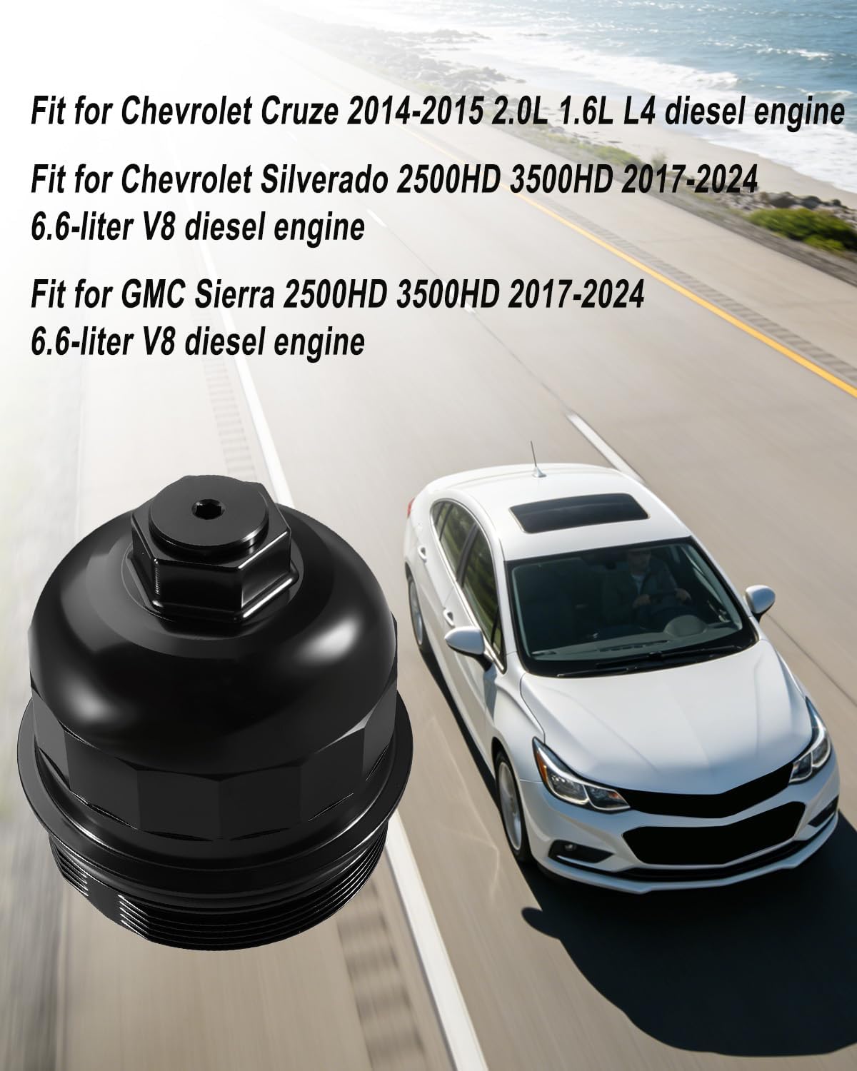 134001 Fuel Filter Housing Cap Fit for Chevy Cruze Silverado GMC Sierra | Fit for 2.0L 1.6L Cruze Diesel Sierra 2500HD 3500HD 6.6L V8 Diesel Secure Fuel System Connection, Billet Aluminum Black