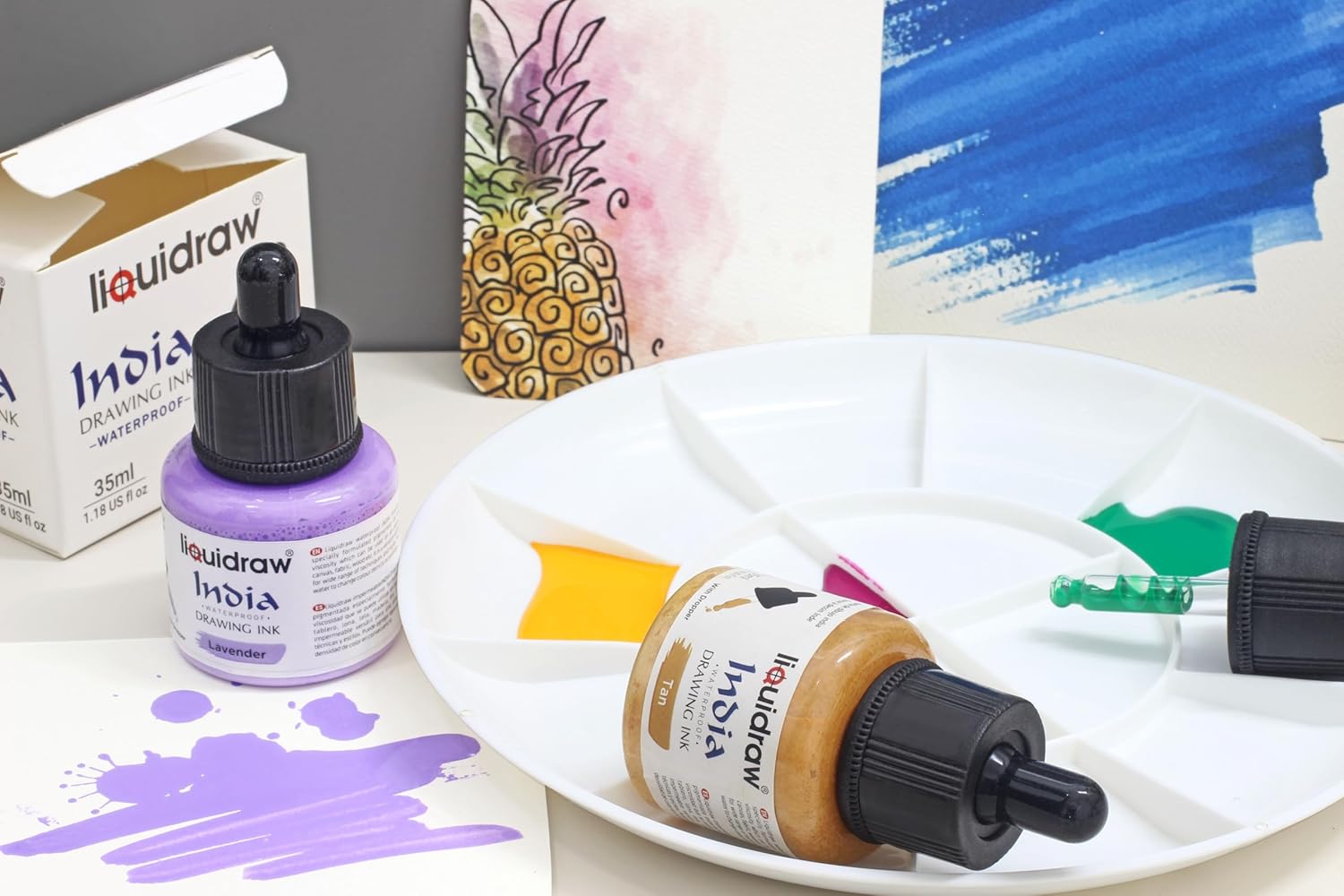 Liquidraw Waterproof Colored Drawing Ink with Dropper | 20 x 1.18 fl oz (35 ml) Bottles | Set of Assorted Colors | India Ink for Calligraphy, Pens & Dip Pens | Ideal for Drawing, Writing & Art Project