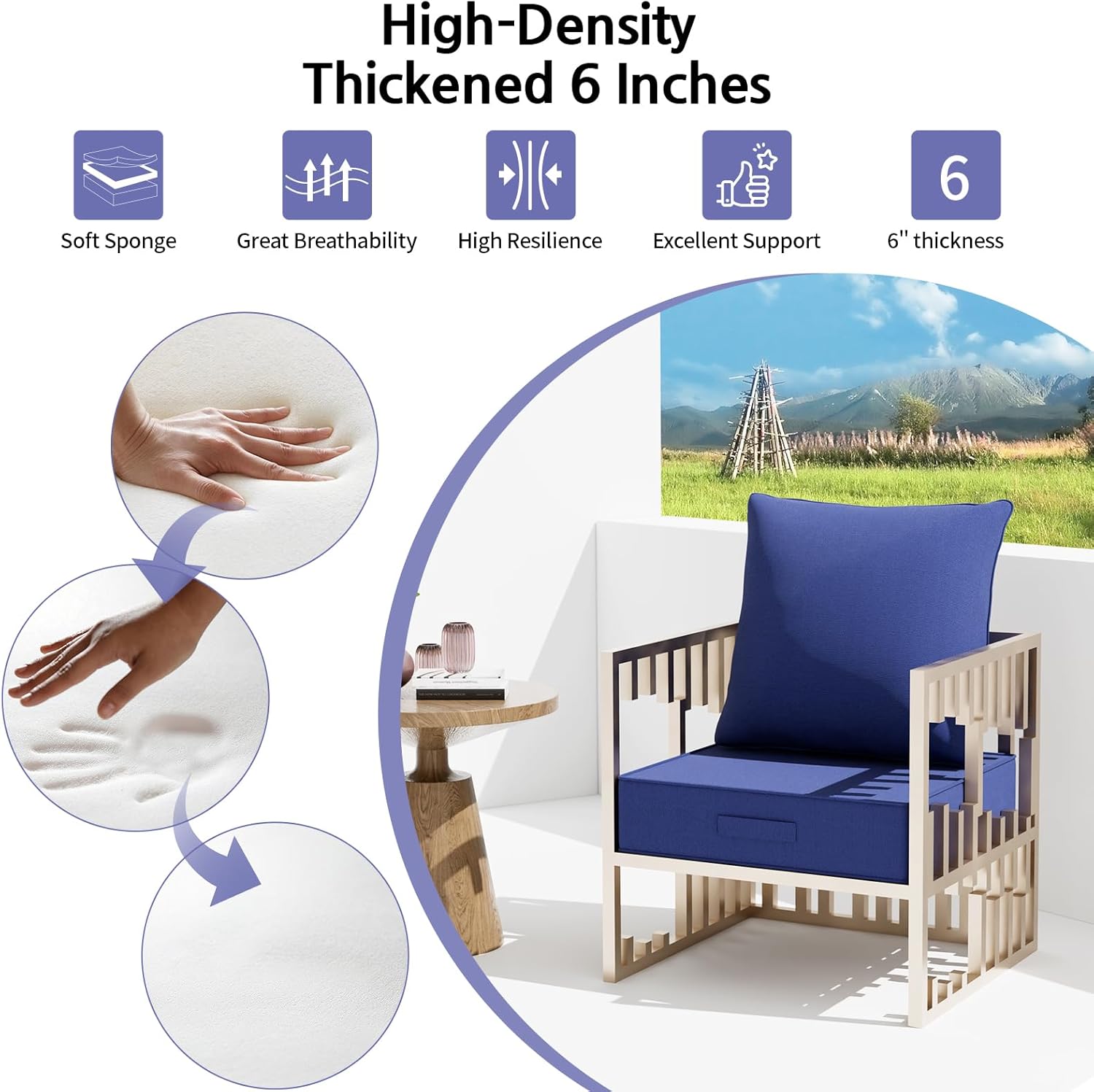 Outdoor Olefin Water-Resistant Deep Seat Cushion Setof 2, Weather and Fade Resistant 24''x 24''x 6'' Patio Furniture Seat Cushion, Thickened Sofa Chair Pad for Lawn, Garden, Dark Blue