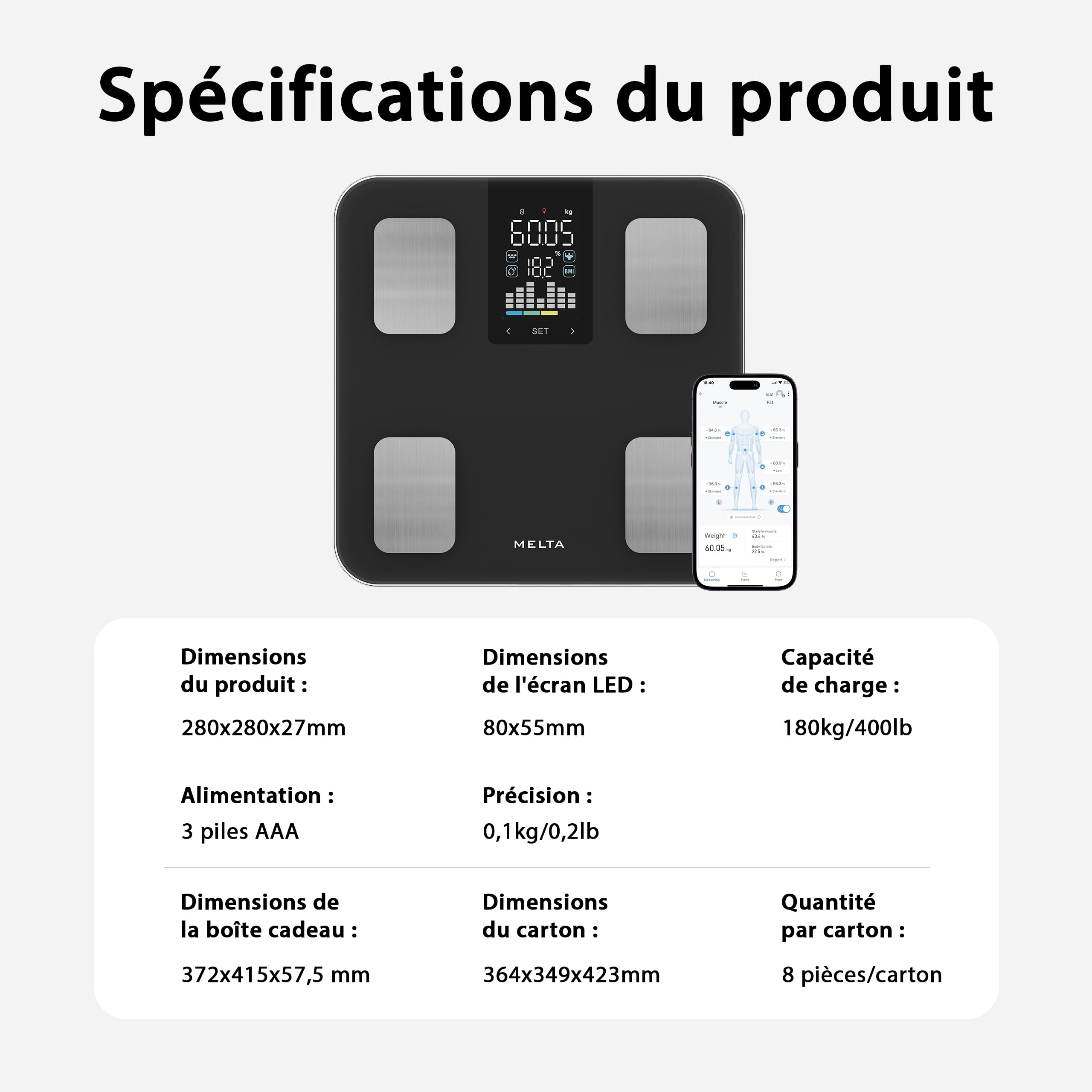 Pèse Personne Connecté MELTA. – Impédancemètre 15 Données : IMC, Masse Grasse, Musculaire, Viscérale, Osseuse – Bluetooth & Application Gratuite – Synchronisation Santé – Verre Trempé – 180kg (NOIR)