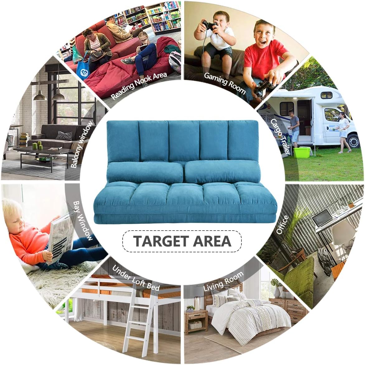 Harper & Bright Designs Double Chaise Lounge Sofa with Two Pillows, Adjustable Floor Couch and Sofa, Foldable Love Seat for Living Room and Bedroom (Blue)