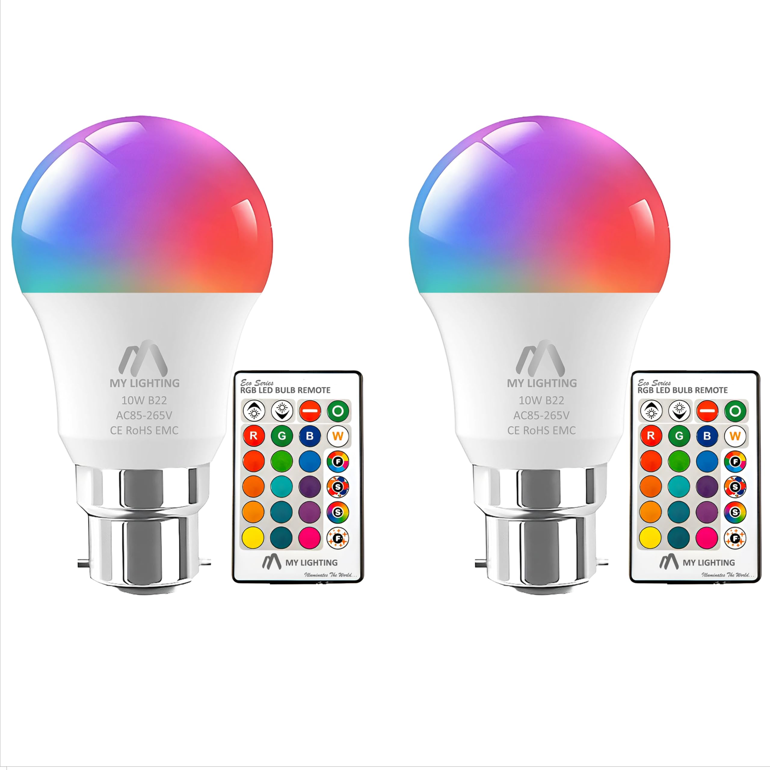 10W B22 ECO Series Colour Changing Light Bulb Dimmable, LED Bulbs with Remote,RGB + Cool White 6000K, 16 Million Colour + 4 Modes, for Home Decore & Mood Lighting (Pack of 2)
