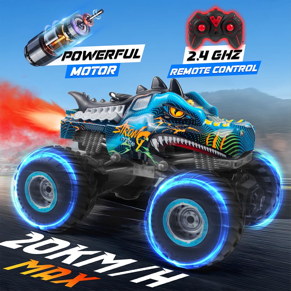 Rhybor Macchina Telecomandata 1:16 Dinosauro RC Monster Truck 2.4 GHz 20 Km/h Auto Telecomandata con Nebbia Spray Musica Luci LED Auto Radiocomandata RC Auto per Bambini di 4 5 6 7 8 anni