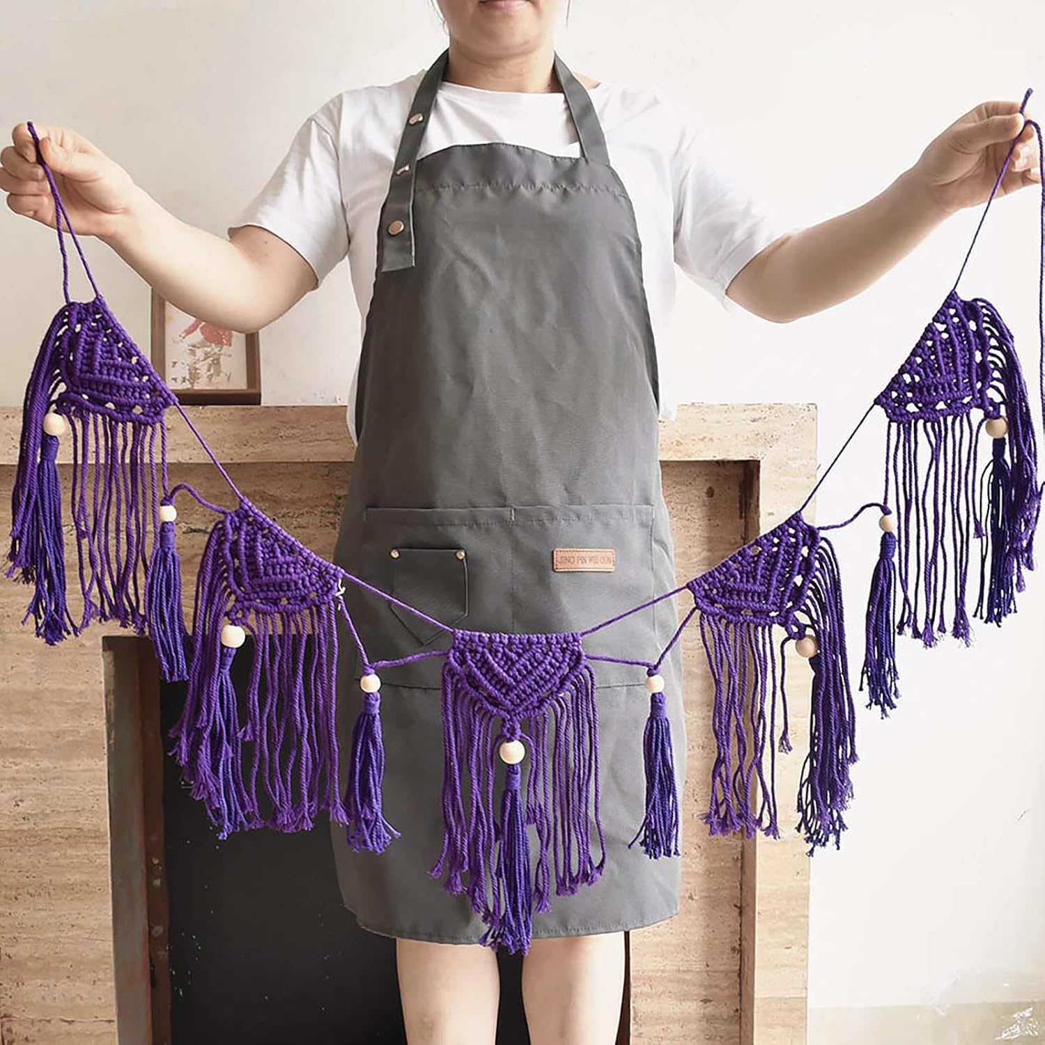 Boho Wall Hanging Garland, Macrame Tessal for Wedding/wall/Window Decoration, Handwoven Boho Art Decor, Fringe Tassels with Wooden Beads 46“X11.8 (Color: Beige)