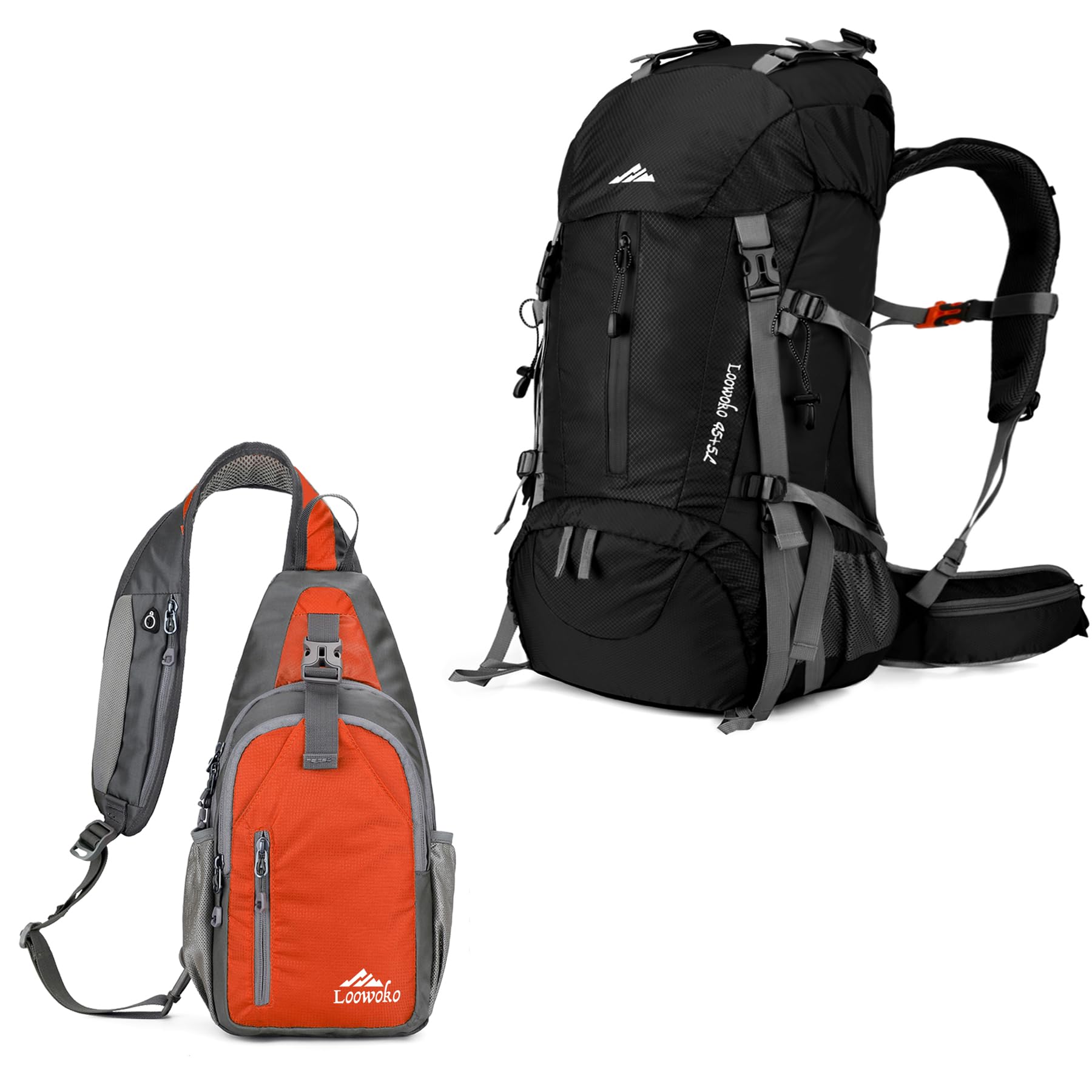 LoowokoHiking Backpack/Sling Bag, 50L Black + 5L Orange
