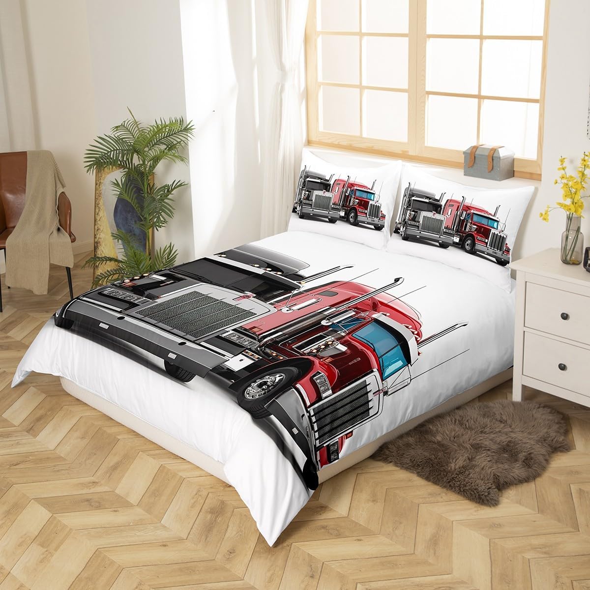 Erosebridal Boy Transport Truck Comforter Cover Dirt Bike Duvet Cover Black Red Automobile Bedding Set Extreme Sports Bedspread Cover for Adult Soft Microfiber 3 Pcs King