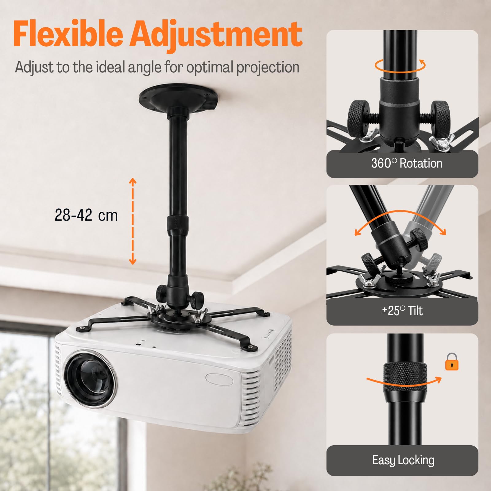 Support Vidéoprojecteur Plafond Réglable 28–42 cm – Support Mural/Plafond Universel pour Projecteur et Mini Vidéoprojecteur, Rotation 360°, Installation Facile