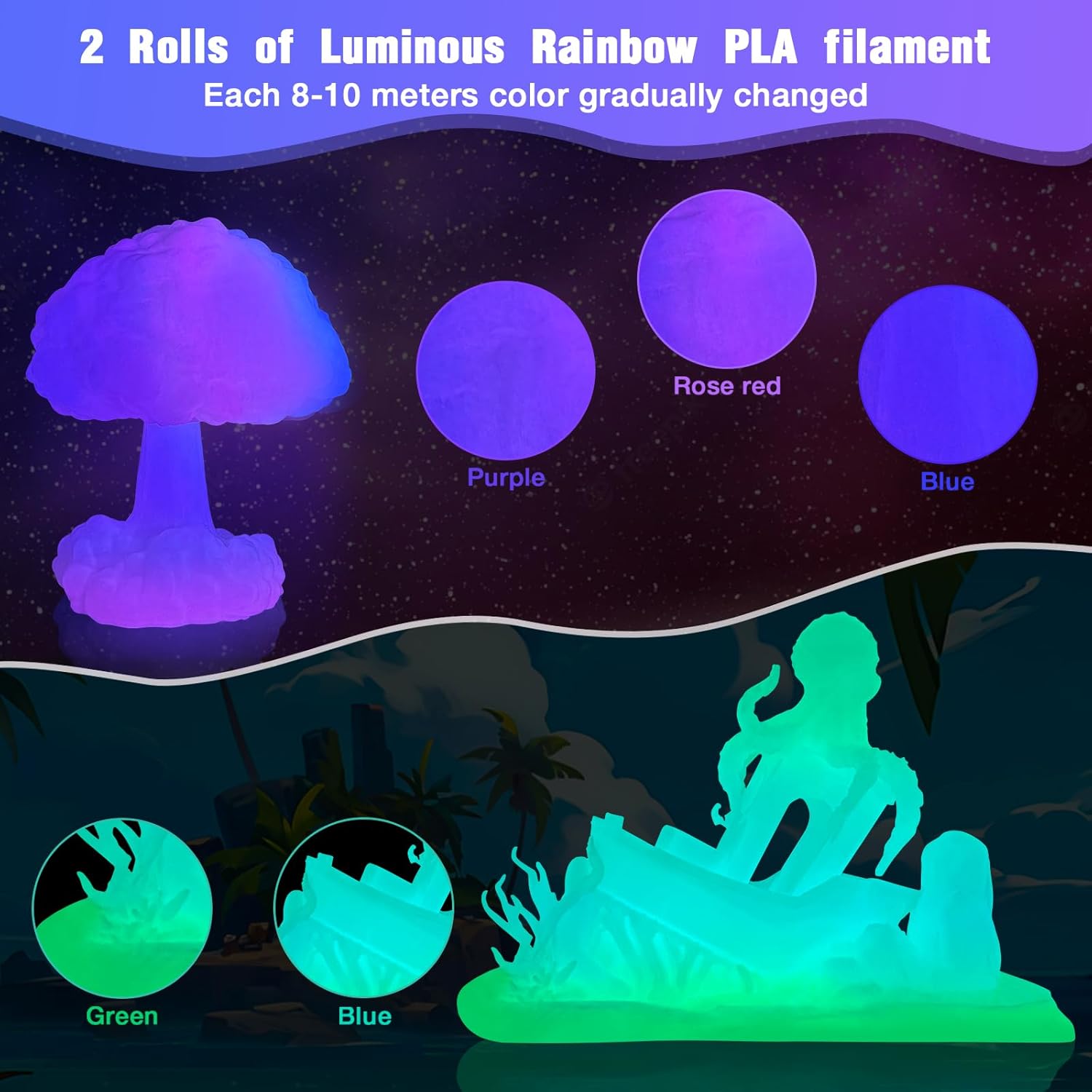 Amoy Glow in The Dark PLA Filament 1.75mm, 6 Colors Glow PLA Filament Bundle, 250g×6 Pack Glow Green/Teal/Purple/Rose Red/Blue-Green/Rainbow 3D Printer Filament, Multicolor Pack 3D Printing Material