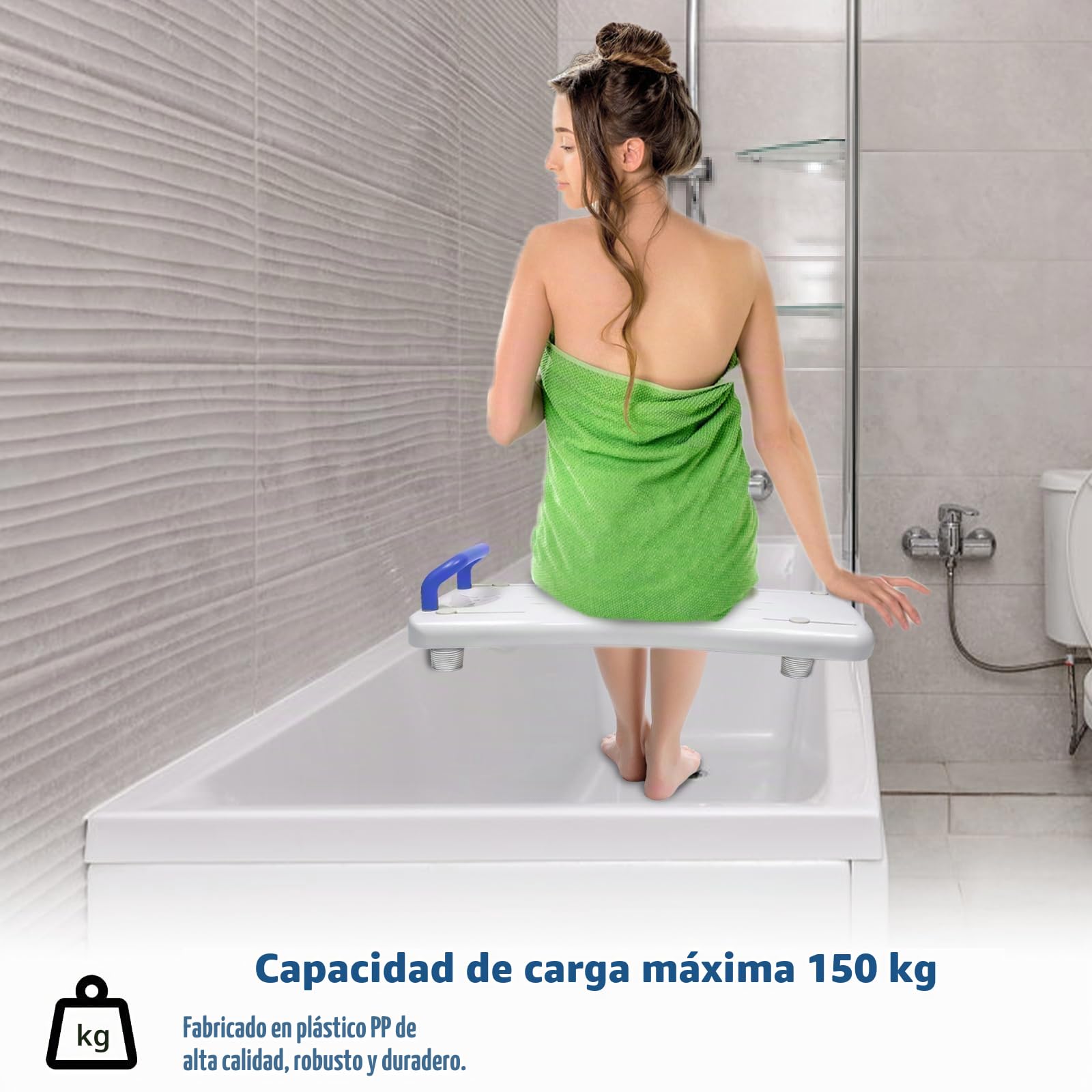 LARS360 Tabla de bañera con asiento para personas mayores, adultos, ajustable, tabla para sentarse, para bañera, silla para baño, máx. 150 kg, con mango azul, color blanco