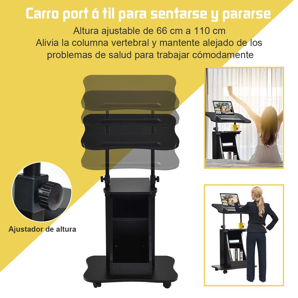 COSTWAY Mesa para Ordenador Portátil Altura Ajustable con Ruedas y Estante Carro para Computadora para Oficina Hogar Negro