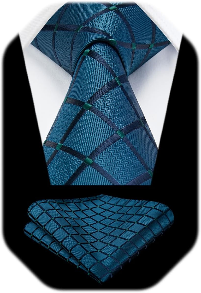 HISDERN Plaid Checkered Tie Handkerchief Woven Classic Formal Men's Necktie & Pocket Square Set
