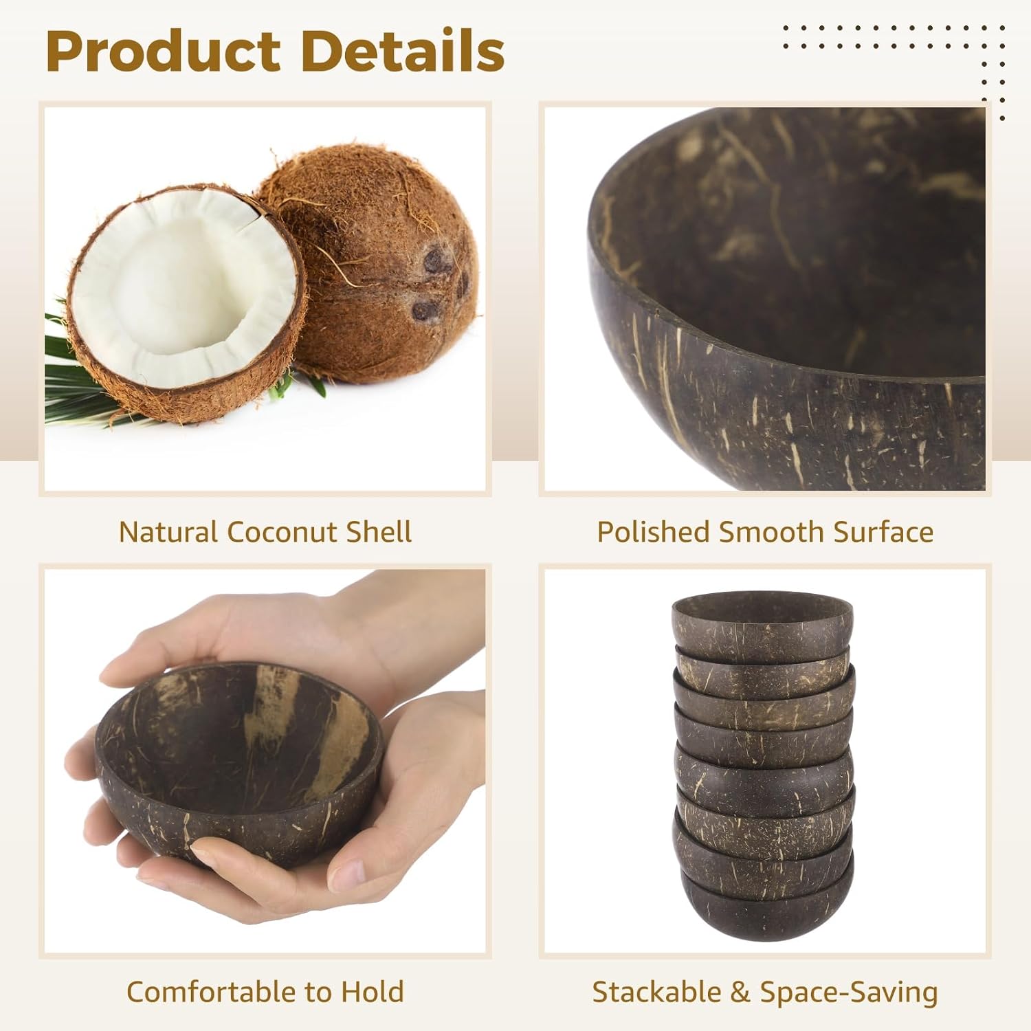 24 PCS Coconut Shell Bowls, 10 oz Natural Wooden Bowl, Rustic Serving Bowls for Smoothie Acai Salad Snacks, Vegan Presents, Kitchen Decor, Picnic, Theme Party Dining