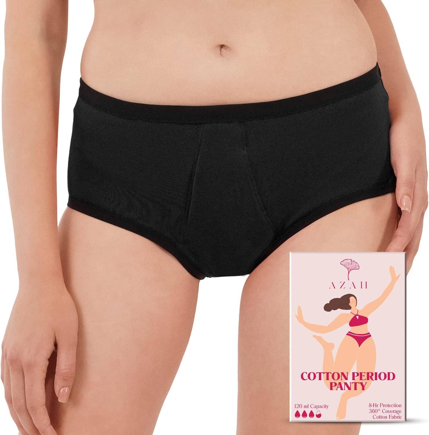 AZAH Cotton Period Panties for Women | Leak Proof & Super Soft | Reusable Period Panty | Sanitary Pad Free Periods Panty | Sanitary Panties | 5X More Absorption | Easy to Wash | Black | Large