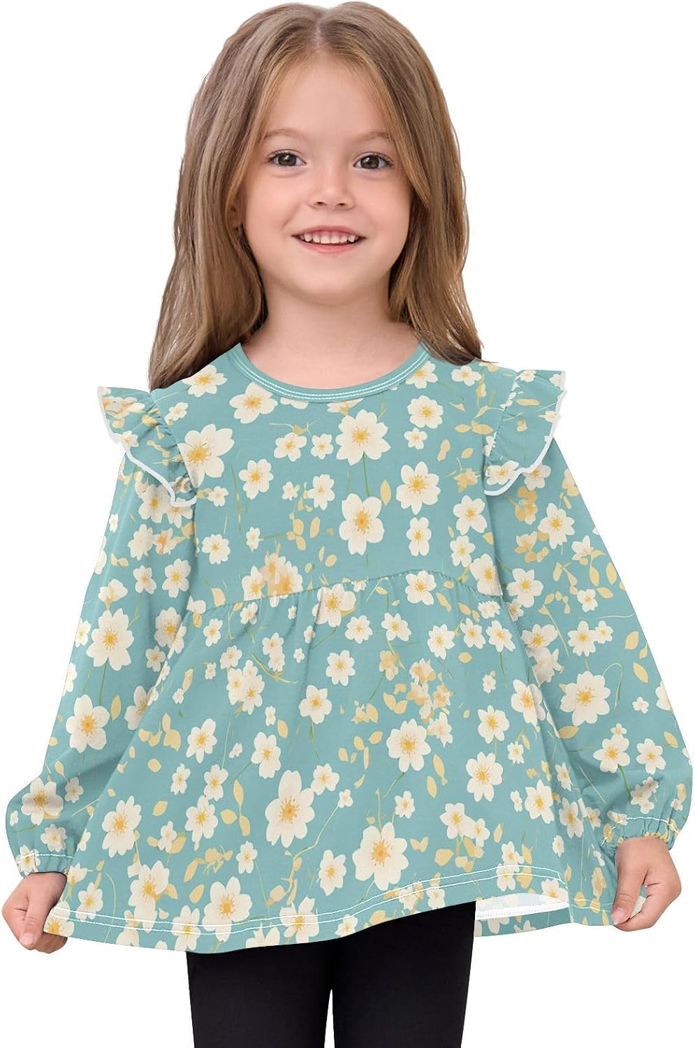 visesunny Toddler Clothes for Girls Light White Floral Leaf Long Sleeve Fall Shirts Cotton Top with Ruffle Collar