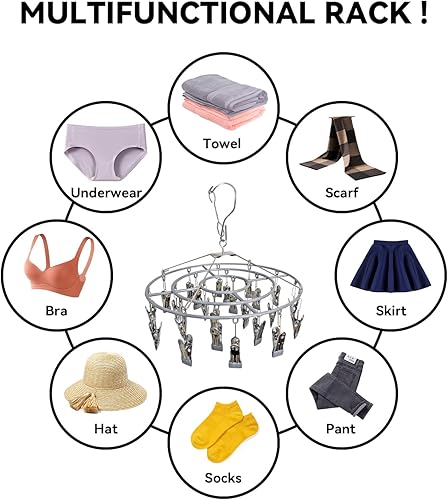 Miniatura 2 de Paquete de 2 estantes de secado de ropa interior, colgador de ropa para calcetines con 48 clips, redondo de acero inoxidable resistente para colgar