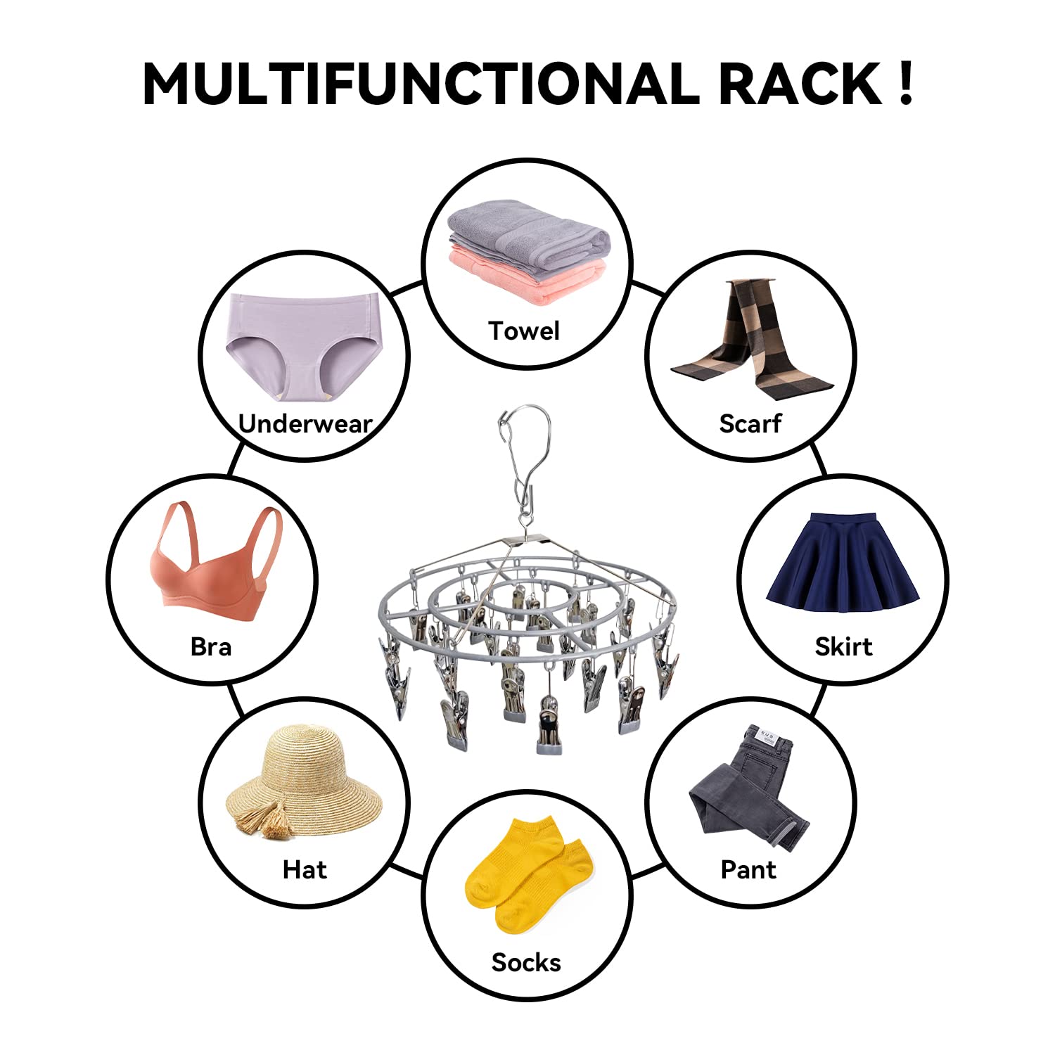 Funamily Stainless Steel Laundry Drying Rack Clothing Sock Drip Clothes Drying Hanger with 24 Clips, Swivel Windproof Hook Round Heavy Duty Underwear Hanger for Indoor Outdoor Wet and Dry (Grey)