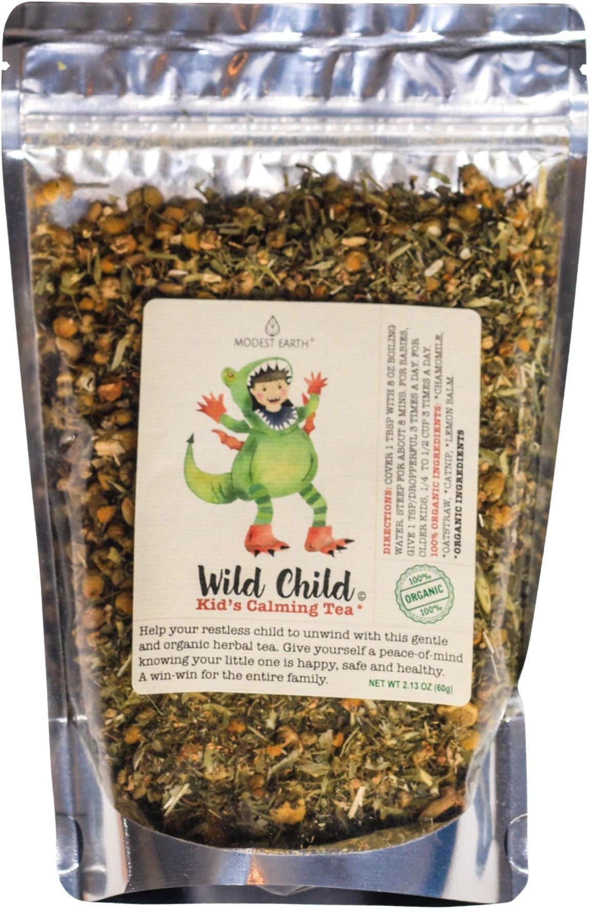 Modest Earth Wild Child Tea | 100% ORGANIC Kid’s Calming Herbal Remedy | NATURAL SLEEP AID | Hyperactivity, Restlessness & Anxiety Relief for Babies, Toddlers & Children | 48+ SERVINGS (2.13 OZ)