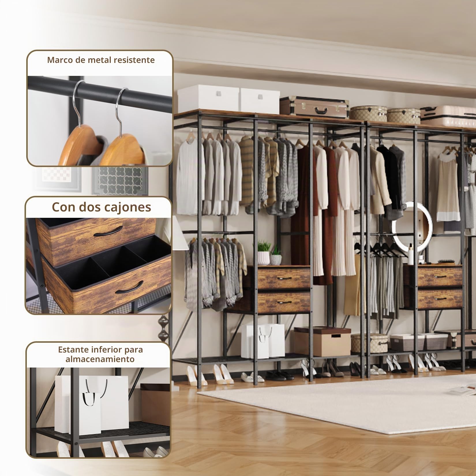 unho Armario Abierto Pesado Vestidor de Metal: Perchero Metálico de Pie Extra Grande con Barras Estantes Cajones para Ropa Zapatos Canastas de Estilo Industrial Negro 150 x 50 x 214 cm